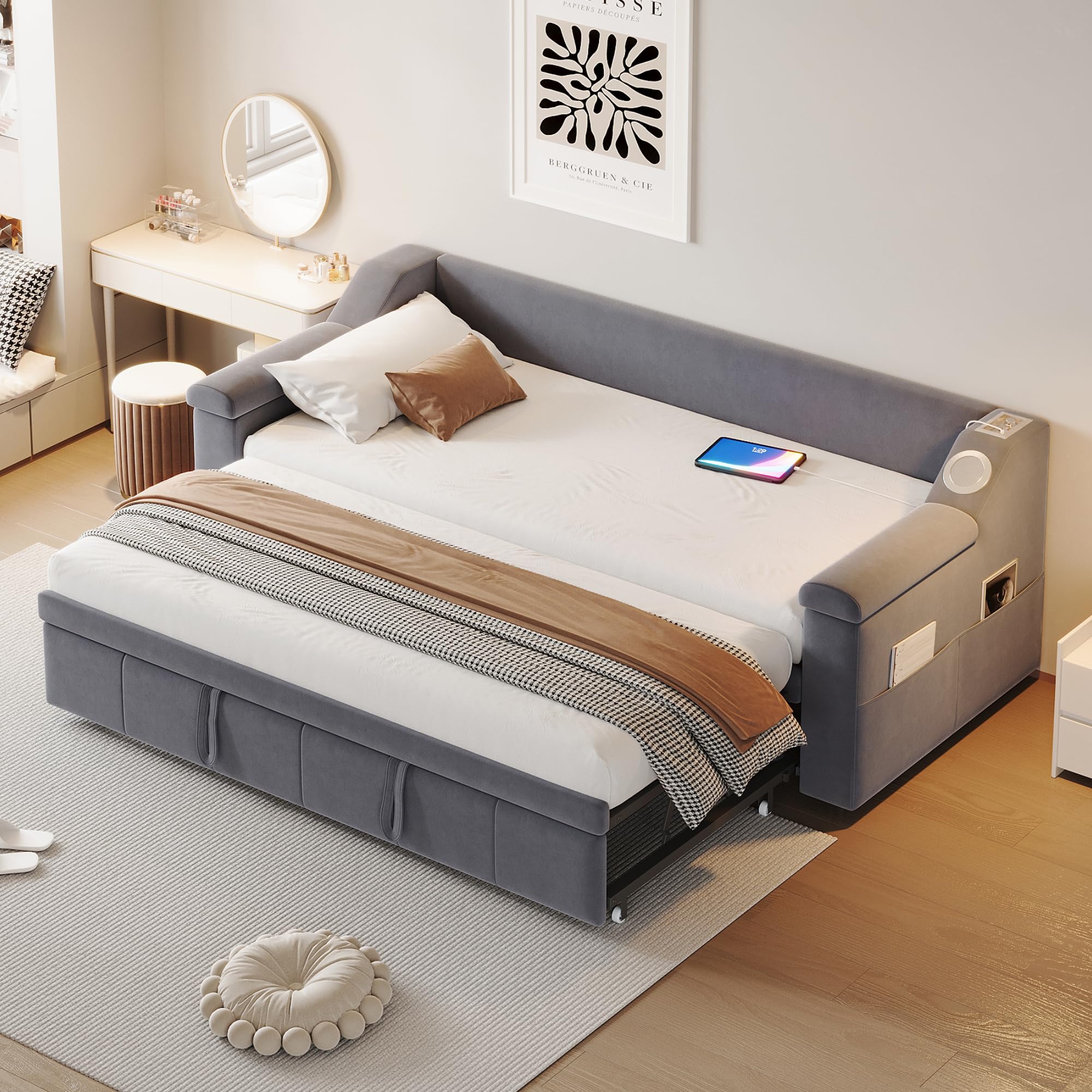 Cama acolchada, sofá cama, reposabrazos anchos y gruesos, con sistema estéreo Bluetooth inteligente, con puerto de carga USB, con compartimentos de almacenamiento, con somier, tela de