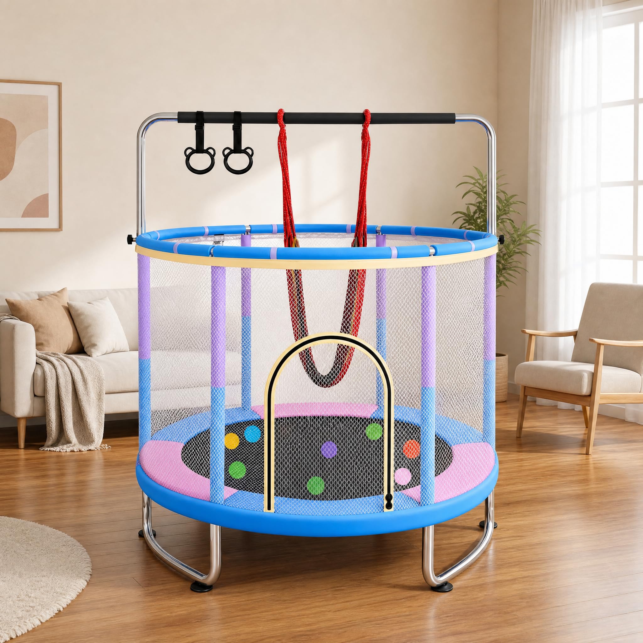 hotsizz Trampoline 1,5 m, avec balançoire, Barre de Gymnastique, Panier de Basket, pour Enfants de 3 à 14 Ans, Trampoline Enfant adaptés à Une Utilisation en intérieur et en extérieur