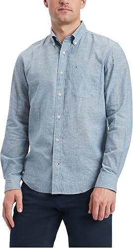 Tommy Hilfiger Camisa de mezcla de lino de manga larga para hombre, ajuste regular