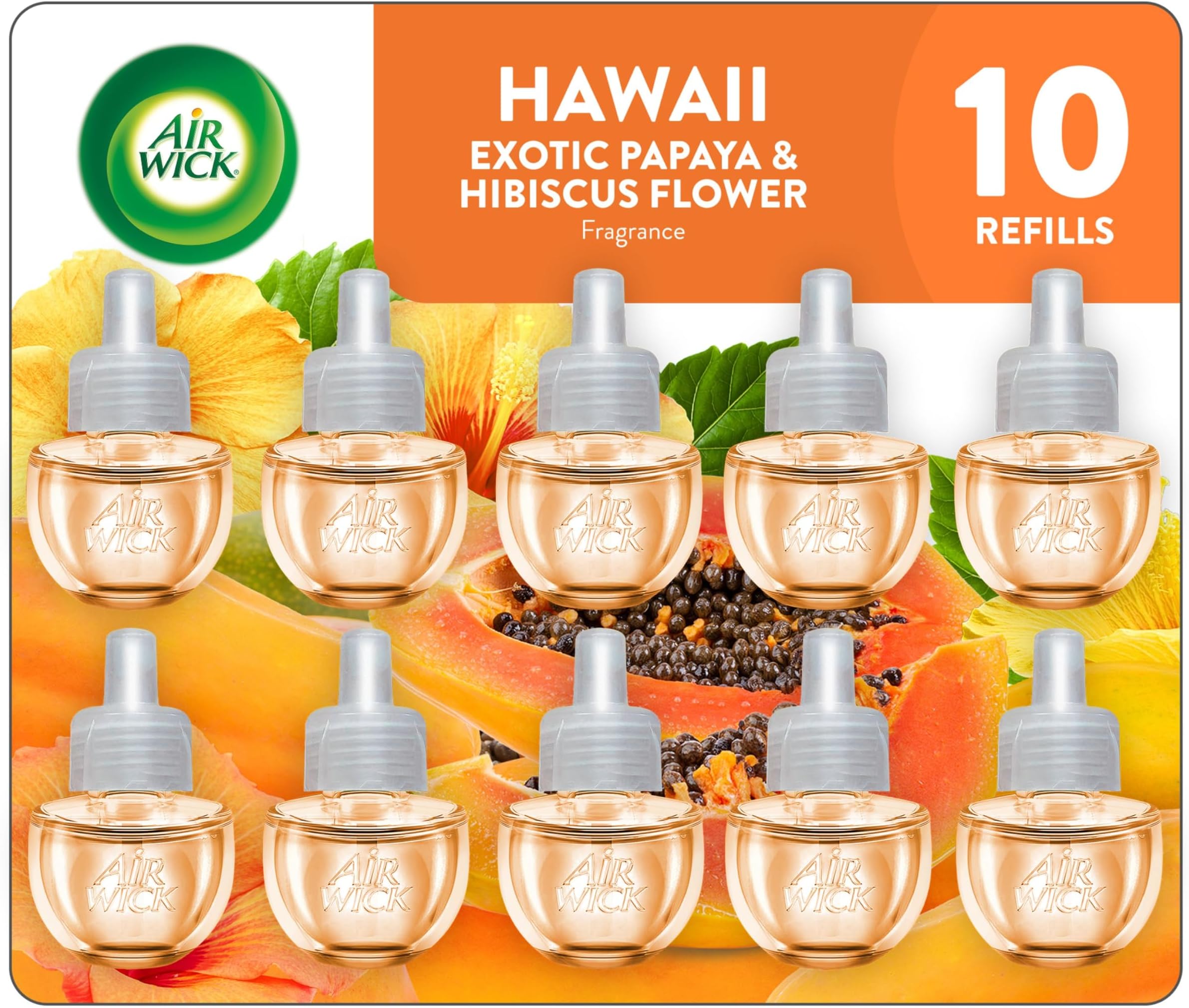 Air Wick Plug-In Scented Oil Refills, 10 Count, Hawaii Exotic Papaya and Hibiscus Flower, Air Freshener, Essential Oils, Eco Friendly