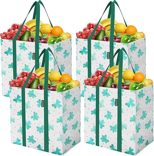 BALEINE 4 PK Bolsas de supermercado reutilizables con fondo reforzado, bolsas de compras plegables resistentes (Trébol)