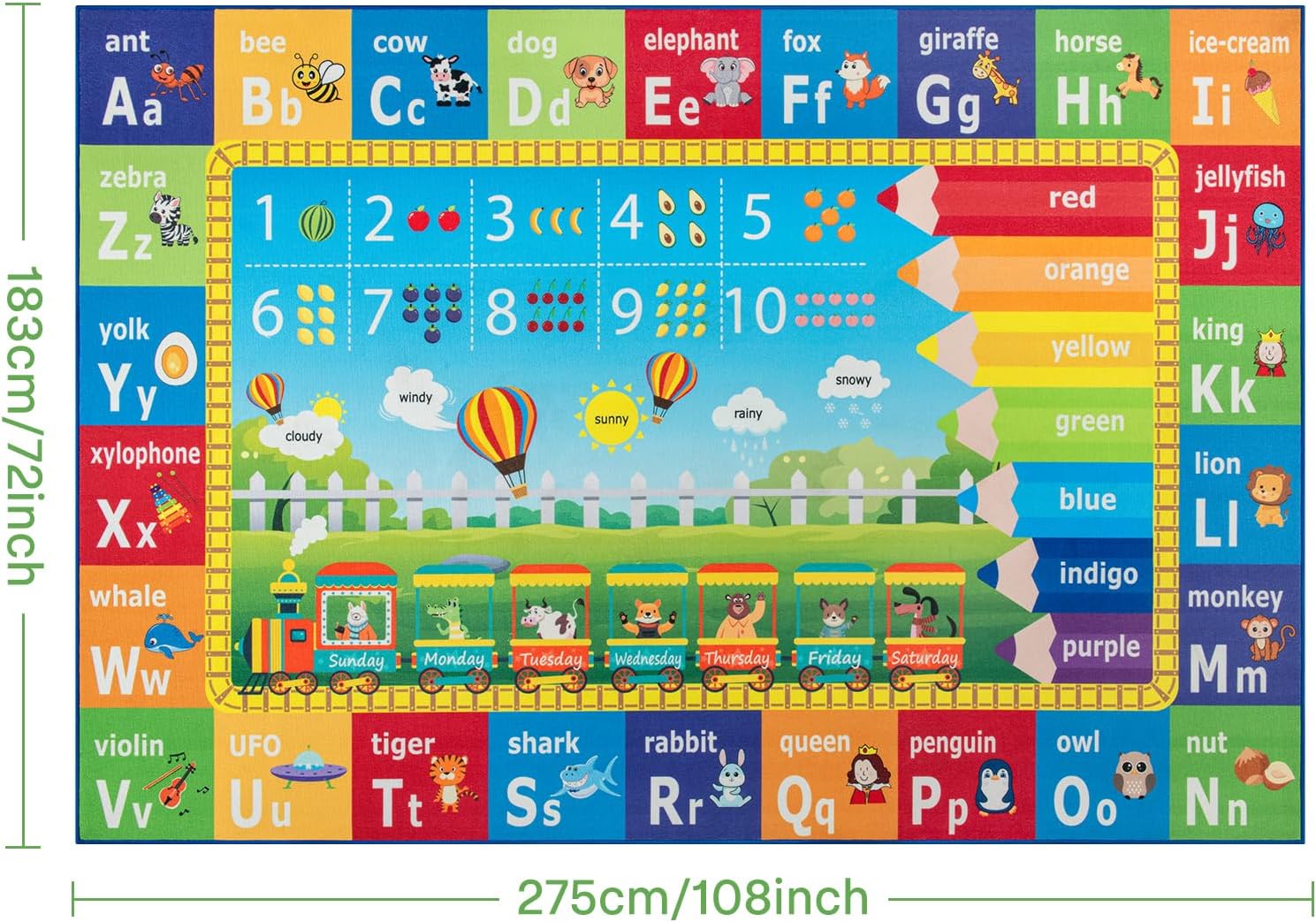ST. BRIDGE Educational Kids Area Rug 6x9 Feet, Non Slip Play Mat Learning with ABC Alphabet, Numbers & Animals for Preschool Toddler, Soft Washable Carpet for Playroom Nursery Classroom Bedroom