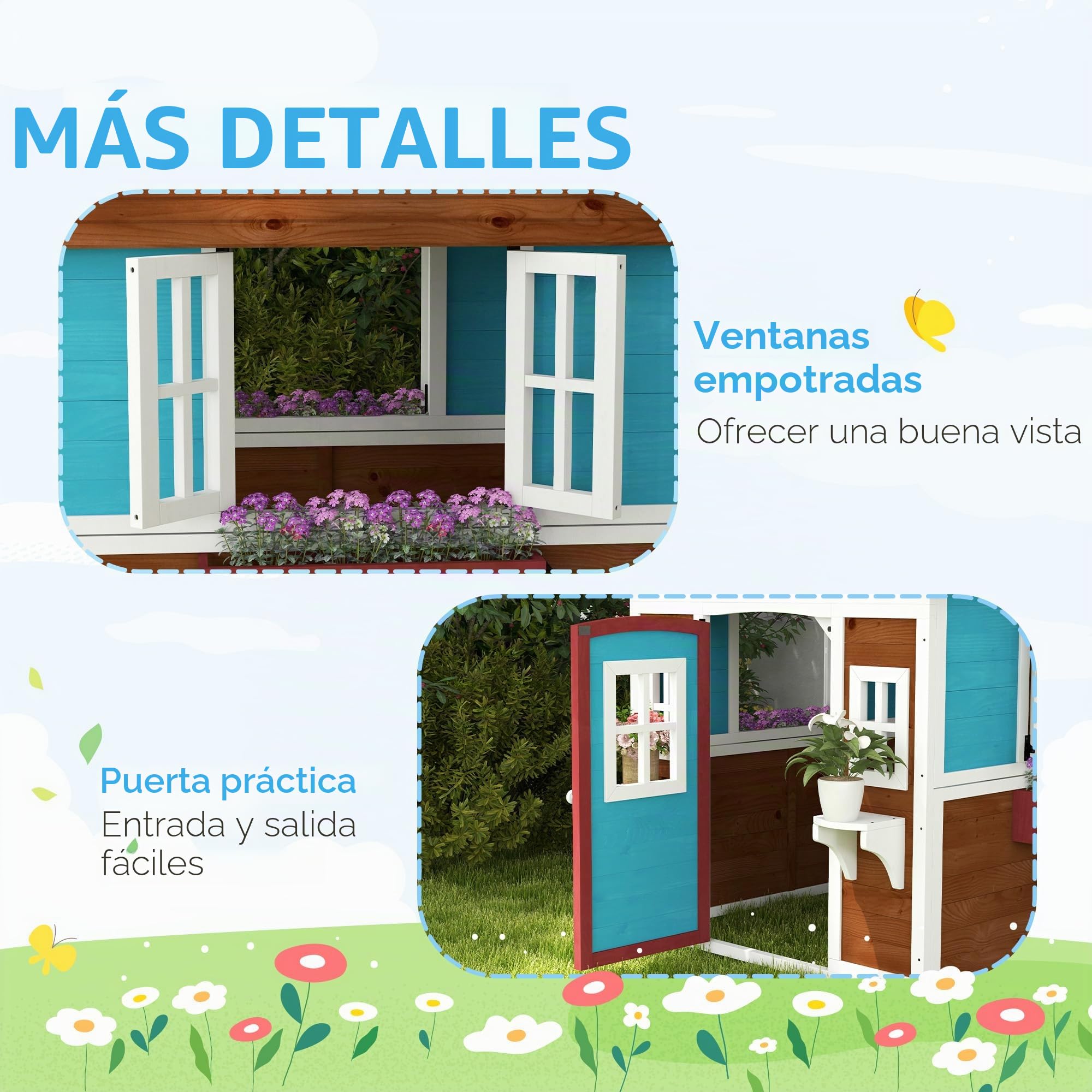 Outsunny Cabaña Infantil de Exterior, casita Infantil de Exterior, con Puerta, Ventanas y jardineras, cabaña de jardín para niños de 3 a 8 años, 114 x 126,4 x 135 cm, marrón