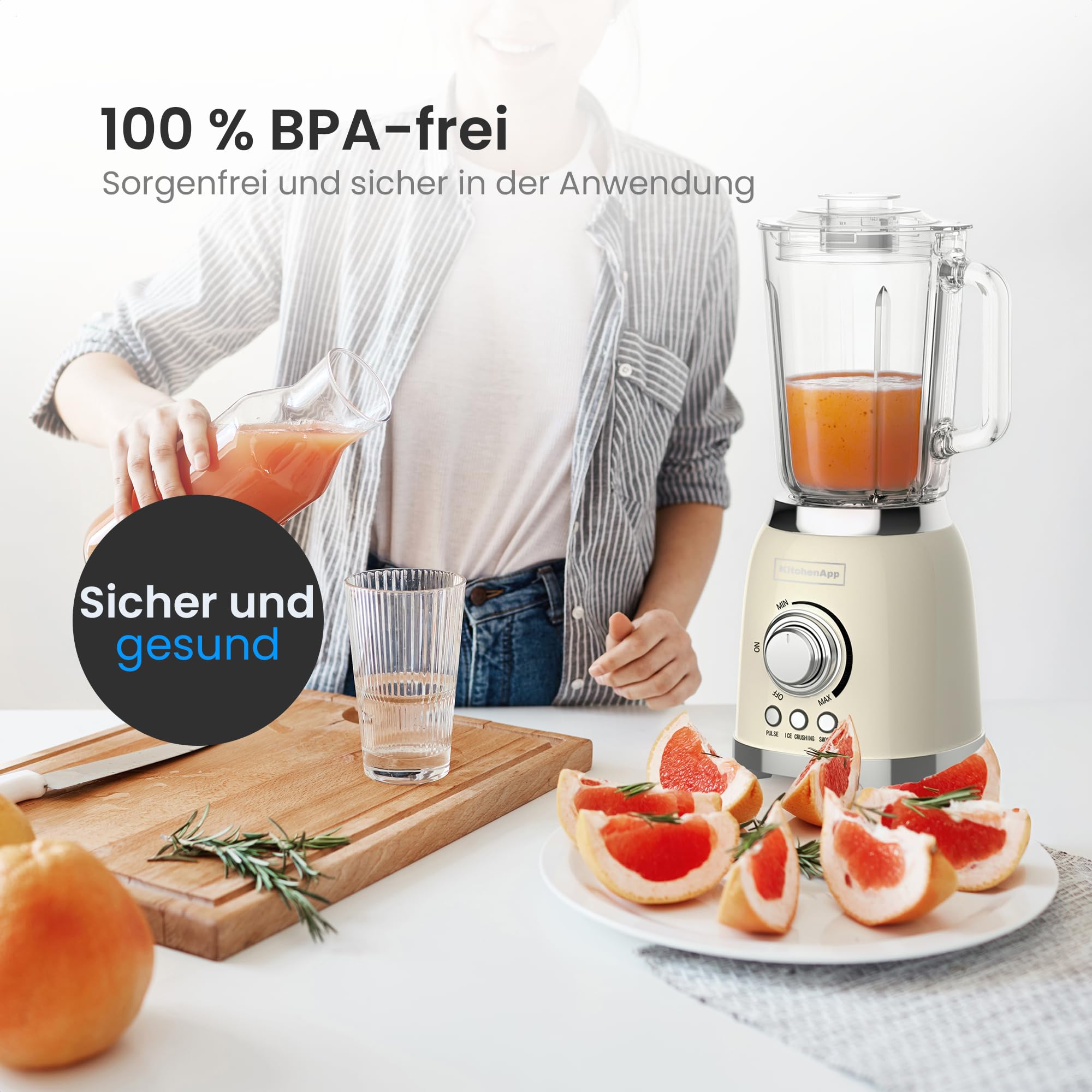 Retro Standmixer 1,5L mit Glaskanne – 800W Mixer mit Eiscrusher, Smoothie- & Pulse-Funktion, Beige