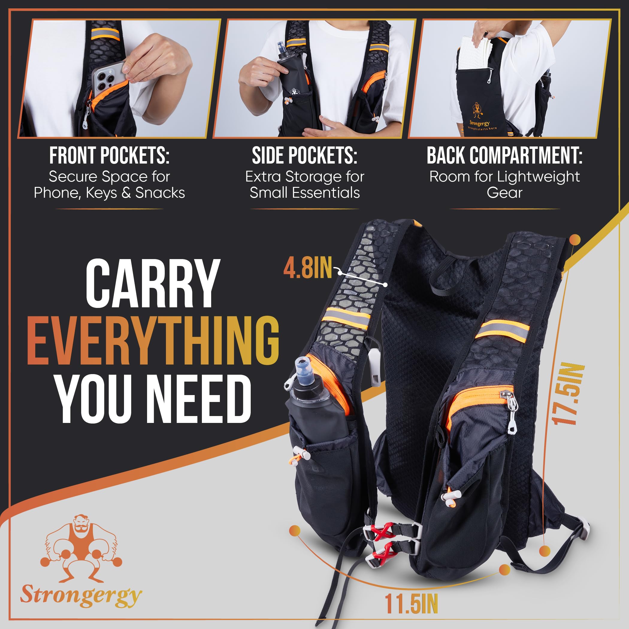 Chaleco Running Hombre y Mujer, Chaleco Hidratación Trail Running 40x22cm, Dos Bolsillos Exteriores, Dos Compartimentos, Botella de 0.5L y Silbato Incluido, Mochila Correr Hombre y Mujer