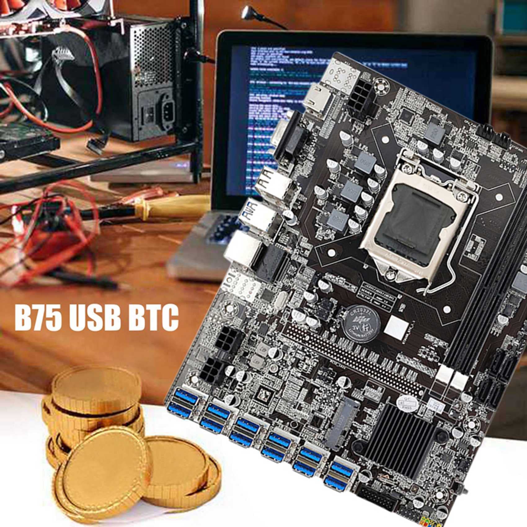B75 BTC Mining Scheda Madre 12 USB+G1630 CPU+RGB Fan+DDR3 4GB 1600Mhz RAM+128G SSD+ Interruttore+ SATA Scheda Madre