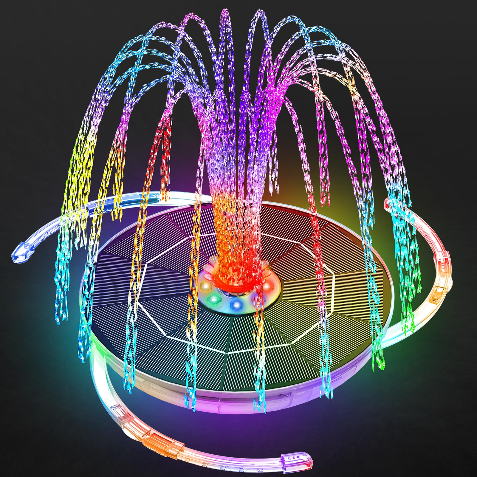 AISITIN 6,5W LED Solar Springbrunnen mit Verstellbare Stützstange, Buntes Solar Teichpumpe Eingebauter Batterie mit Doppelseitig LED Runden Solarbrunnen für Vogelbad,Gartenteich,DIY Wasserspiel,Teich