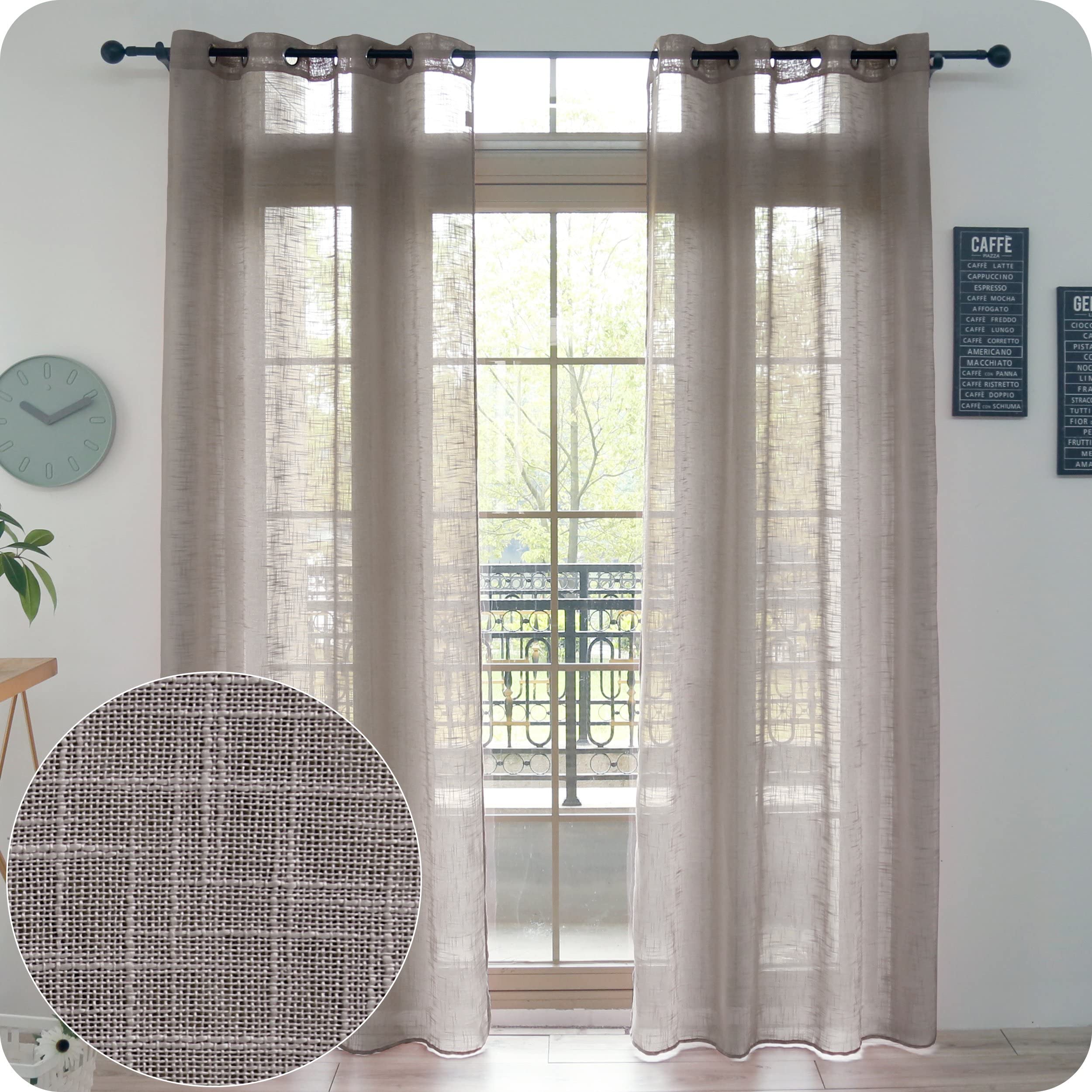 DALINA Textil - Cortina translucida para Salon y Dormitorio - Visillo Efecto Lino 2 Paneles de 140 x 260 cm - Visillo para Ventana con Ojales Moderno - Visillo Color Tierra Decorativo