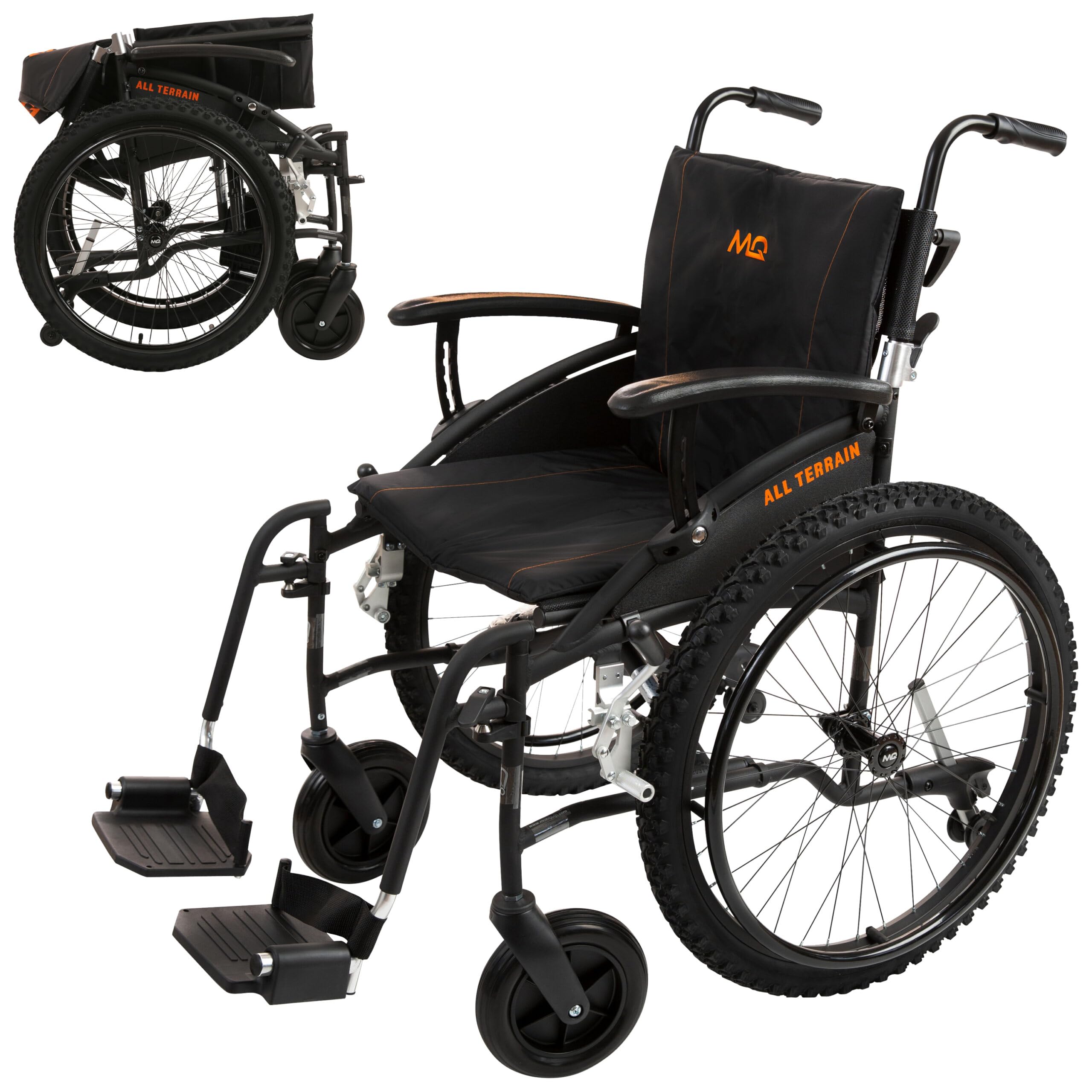 MobiQuip All Terrain Adult Wheelchair, Self-Propelled - 12.5kg Lightweight, Aluminium Frame - Black, Standard 18" Seat - Easy-Fold & Quick Release - 24" Pneumatic Tyres - Customisable Support
