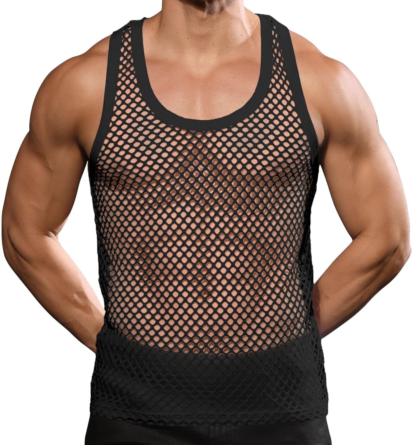 Beotyshow Mens Mesh Fishnet Tank Tops Fitted Sleeveless Night Club Style Muscle Top Summer Workout Beach Shirts
