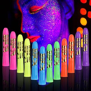12pcs Neon Rainbow Face Paint Crayons, Luminous UV Face Paint Sticks Crayons Glow in the Dark Festival Face Paint Kit Crayons Body Fluorescent Paint Crayons for Halloween Birthday Makeup Party