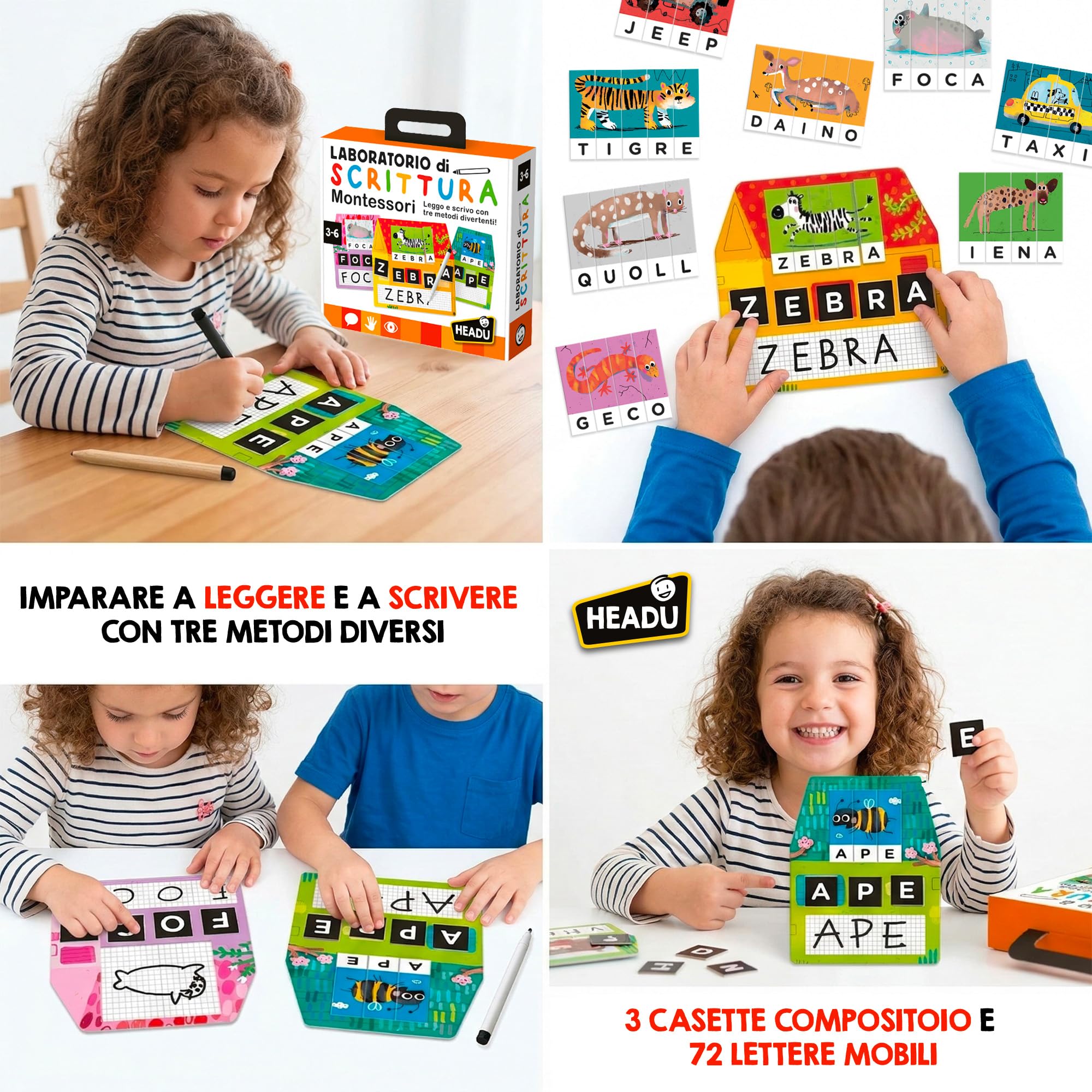 HEADU - Laboratorio di Scrittura Montessori - Leggo e Scrivo con 3 Metodi Divertenti | Giochi Educativi 3 4 5 6 Anni, Gioco Montessori per Imparare a Leggere e Scrivere, Regalo Bambina Regalo Bambino