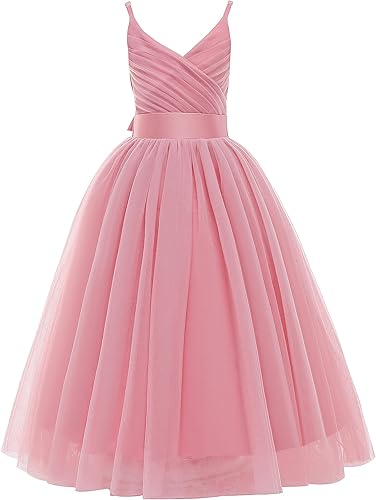 Glamulice Vestido largo de tul con tirantes delgados para niñas, acampanado, para concursos, bodas, fiestas de cumpleaños de princesa