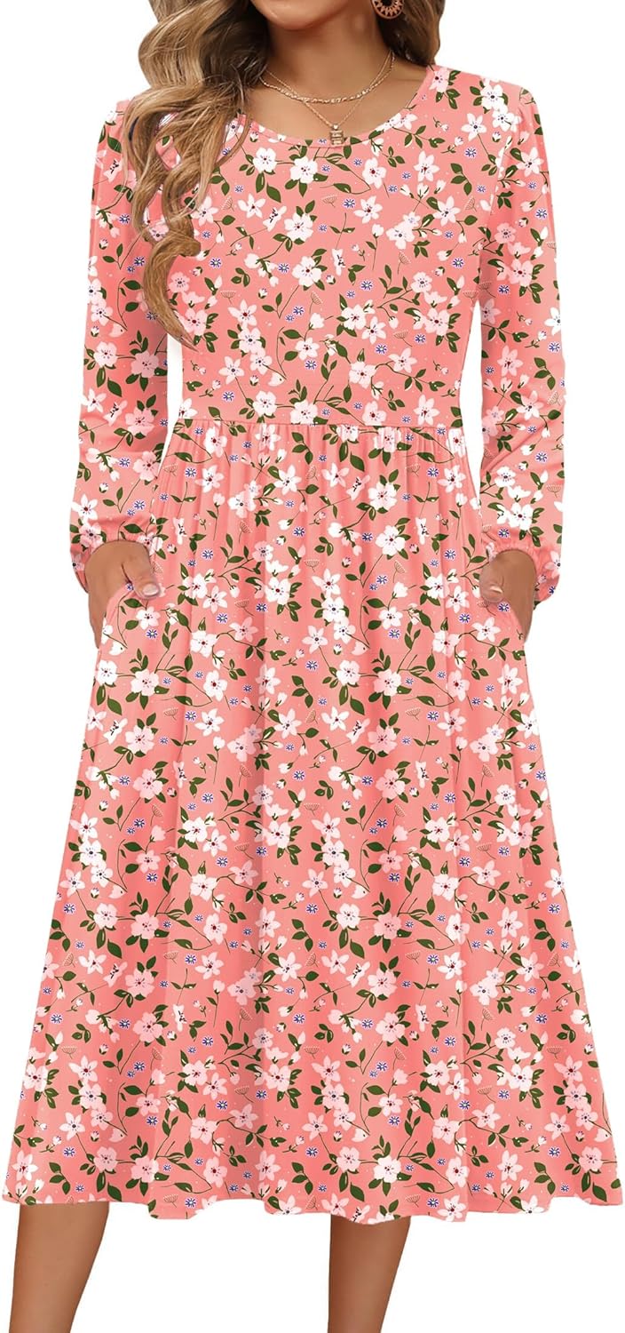 Zeagoo Long Sleeve Dresses for Women 2025 Fall Winter Casual Flowy A-Line Boho Midi Party Long Dress with Pockets