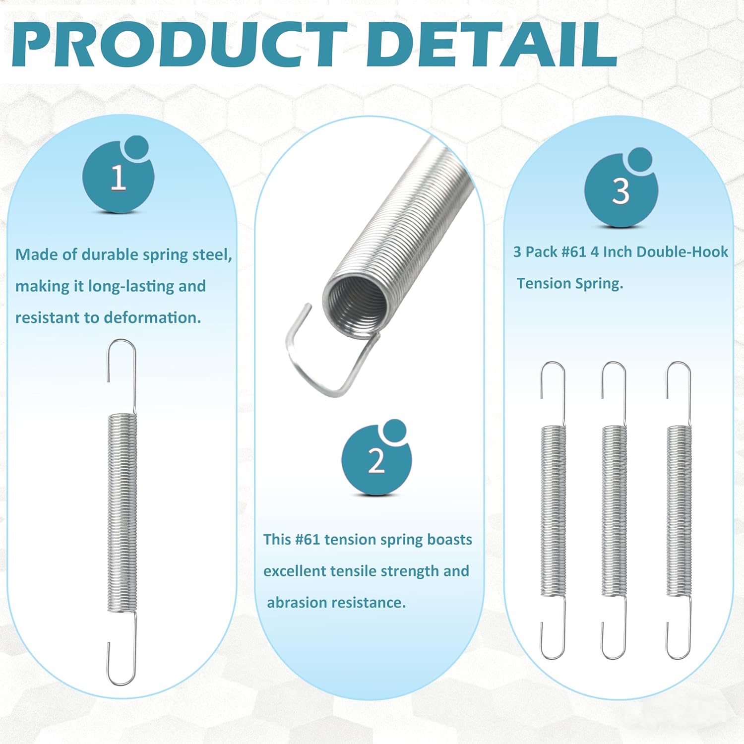 3 Pack #61 4 Inch Double-Hook Tension Spring, Spring Steel for Automotive & Household Hardware Replacement Parts