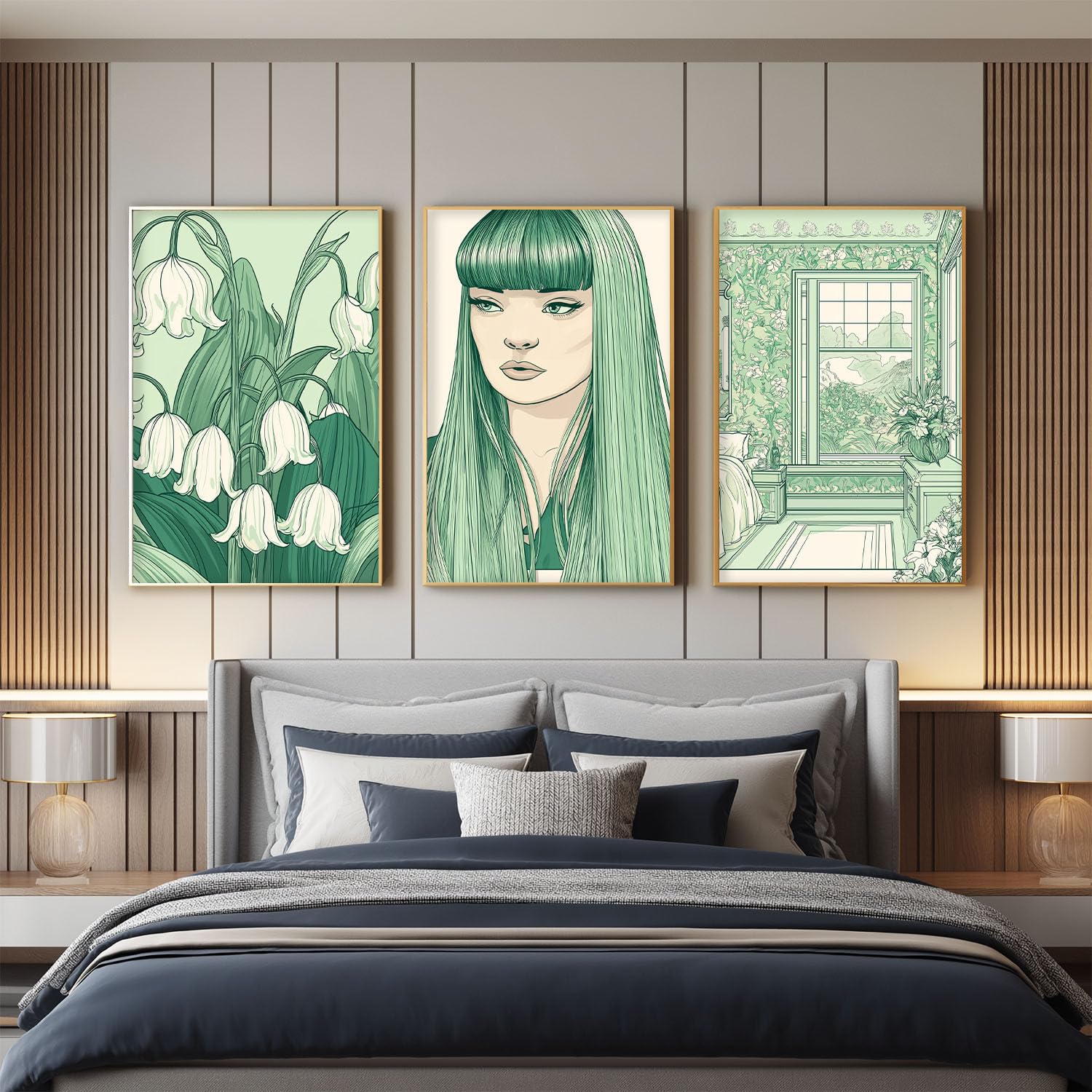 3 szt. Szałwia zielona dekoracja ścienna - plakat anime do salonu, sypialni, łazienki, toalety, dziewczyny z zielonymi włosami lilie ptaki obrazy na płótnie, obrazy do domu sztuka dekoracyjna