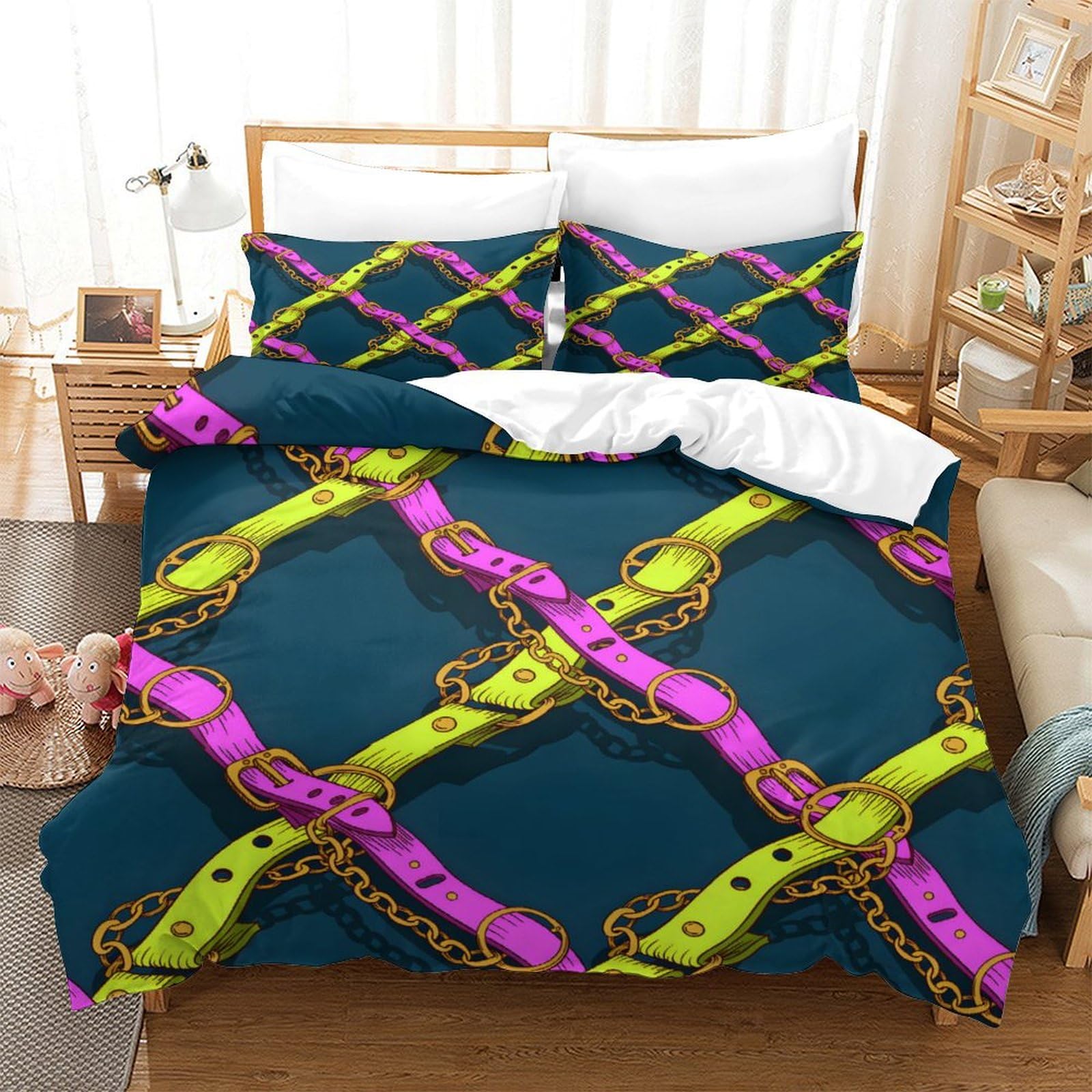 GDEKCIEAS Square Belts And Chain Bedding Set for Boys,3Pcs Comforter Cover with Decorative Quilt Design,Soft Duvet Cover for Teens And Kids Super King（260x220cm）