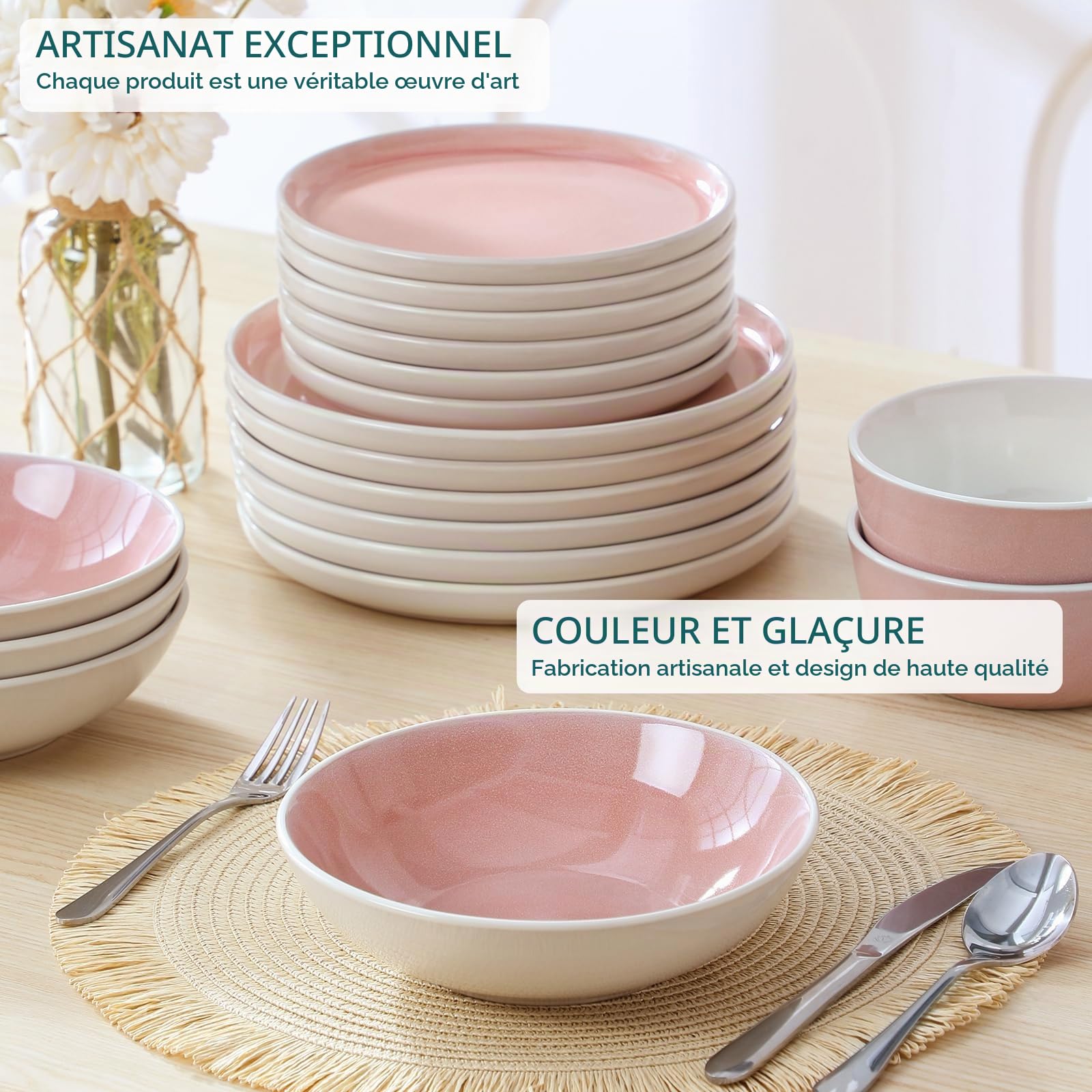 vancasso ELBA Assiettes Service de Table 6 Personnes, 24 Pièce Service Vaisselle Complet en Grès - 6 Assiettes Plates, 6 Assiettes à Dessert, 6 Assiettes Creuses et 6 Bols, Compatible Micro-Ondes,Rose