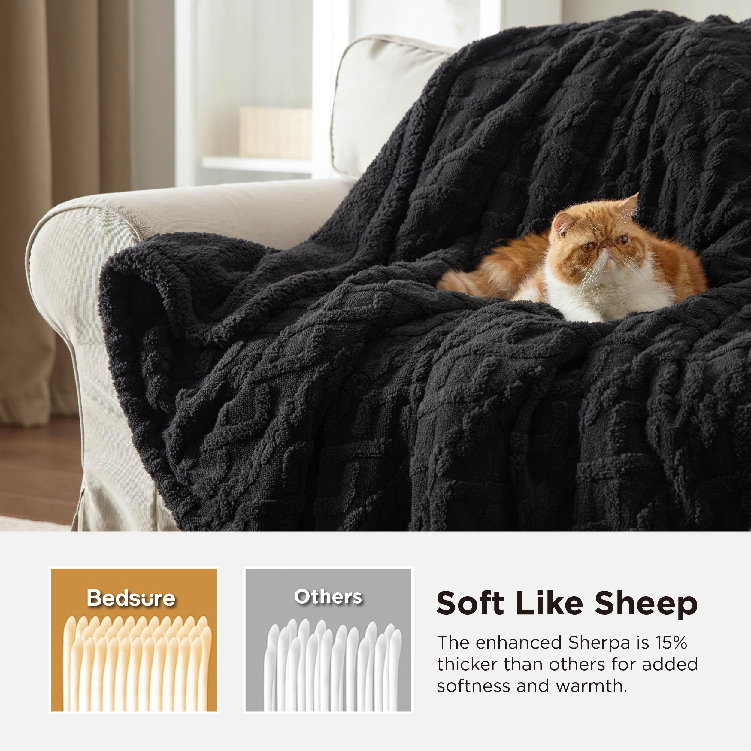 Bedsure Gentlesoft Sherpa Fleece Throw Blanket for Couch - Fluffy & Cozy Cable Jacquard Tufted Throw for Women Gift, Thick and Warm Blankets for Winter, Black, 50x60 Inches