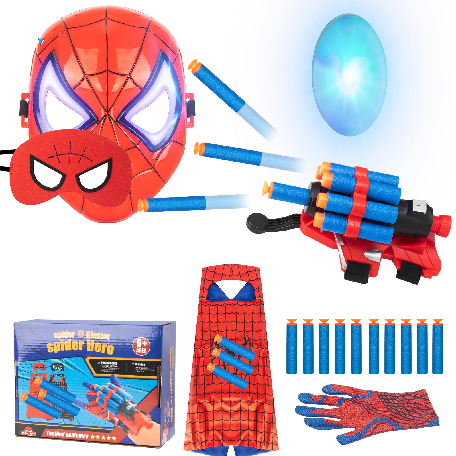 Fanpototo Spider Web Shooters for Kids,Spider Toys for Boys,Spide LED Mask and Cape Set,Cosplay Costume and Role-Playing for indoor and outdoor game,Age 6+(Red)