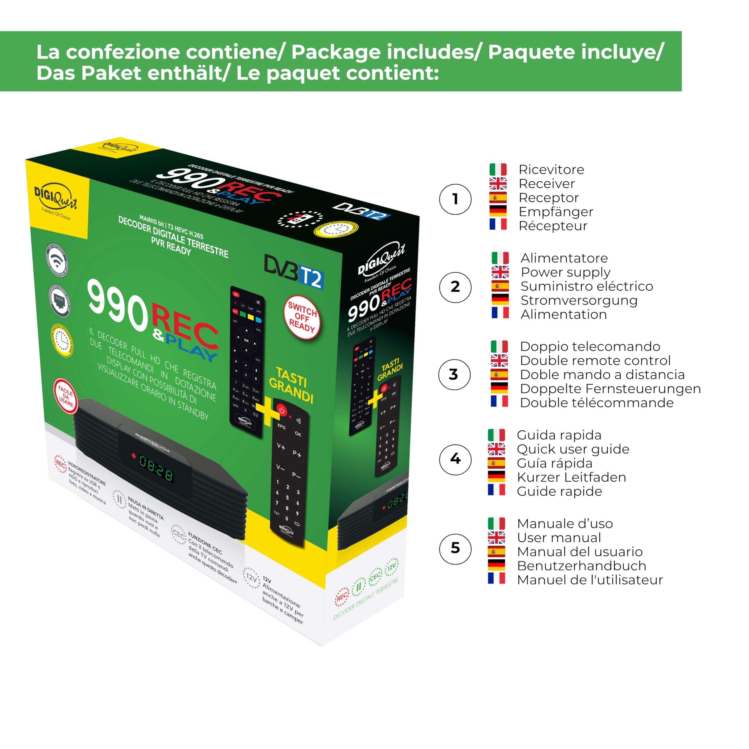 Digiquest DGQ990 HD - décodeur terrestre DVB-T2 Full HD REC - Double télécommande