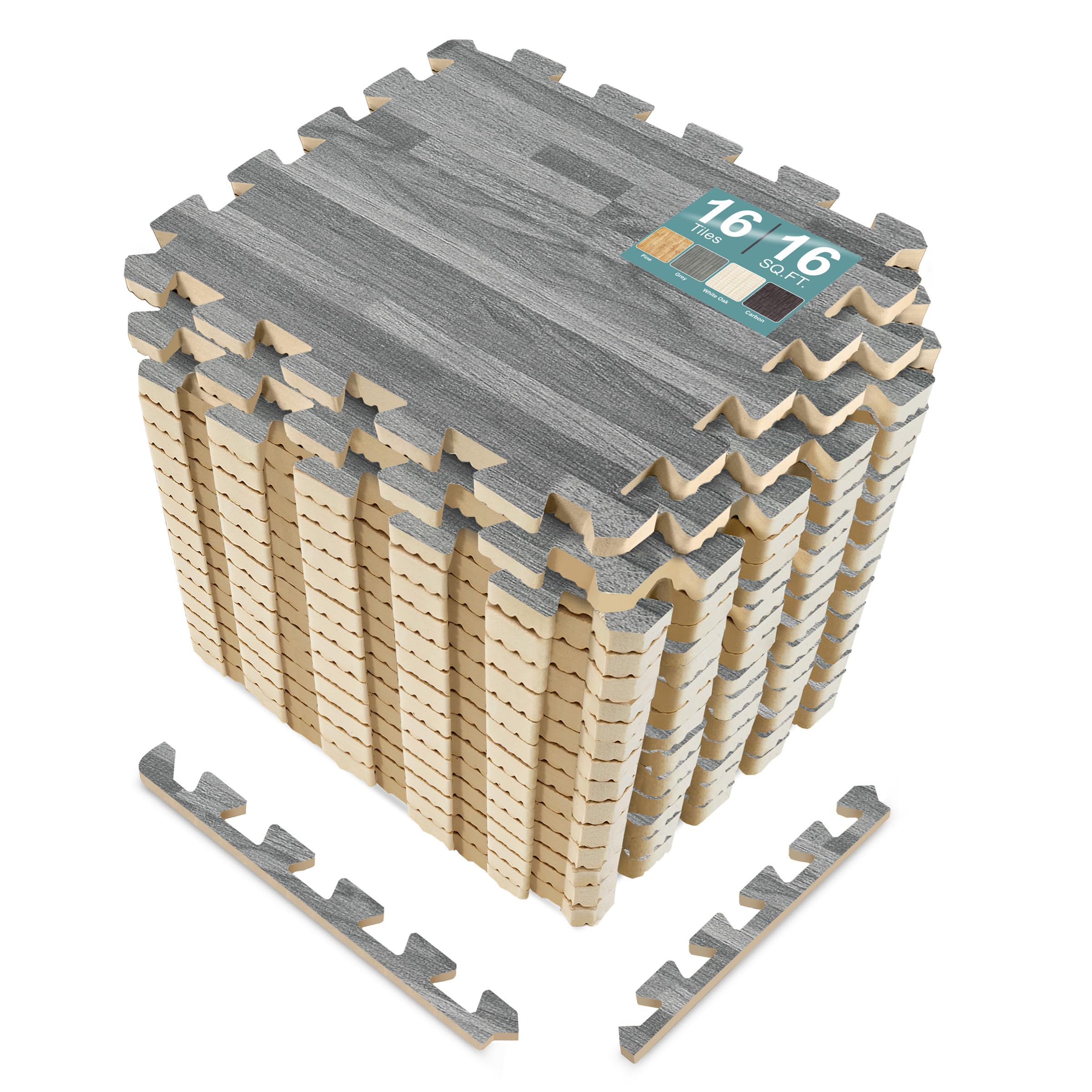 Sorbus Wood Floor Mats Foam Interlocking Mats Each Tile 1 Square Foot 3/8-Inch Thick Puzzle Wood Tiles with Borders – for Home Office Playroom Basement (16 Tiles 16 Sq ft, Wood Grain - Gray)