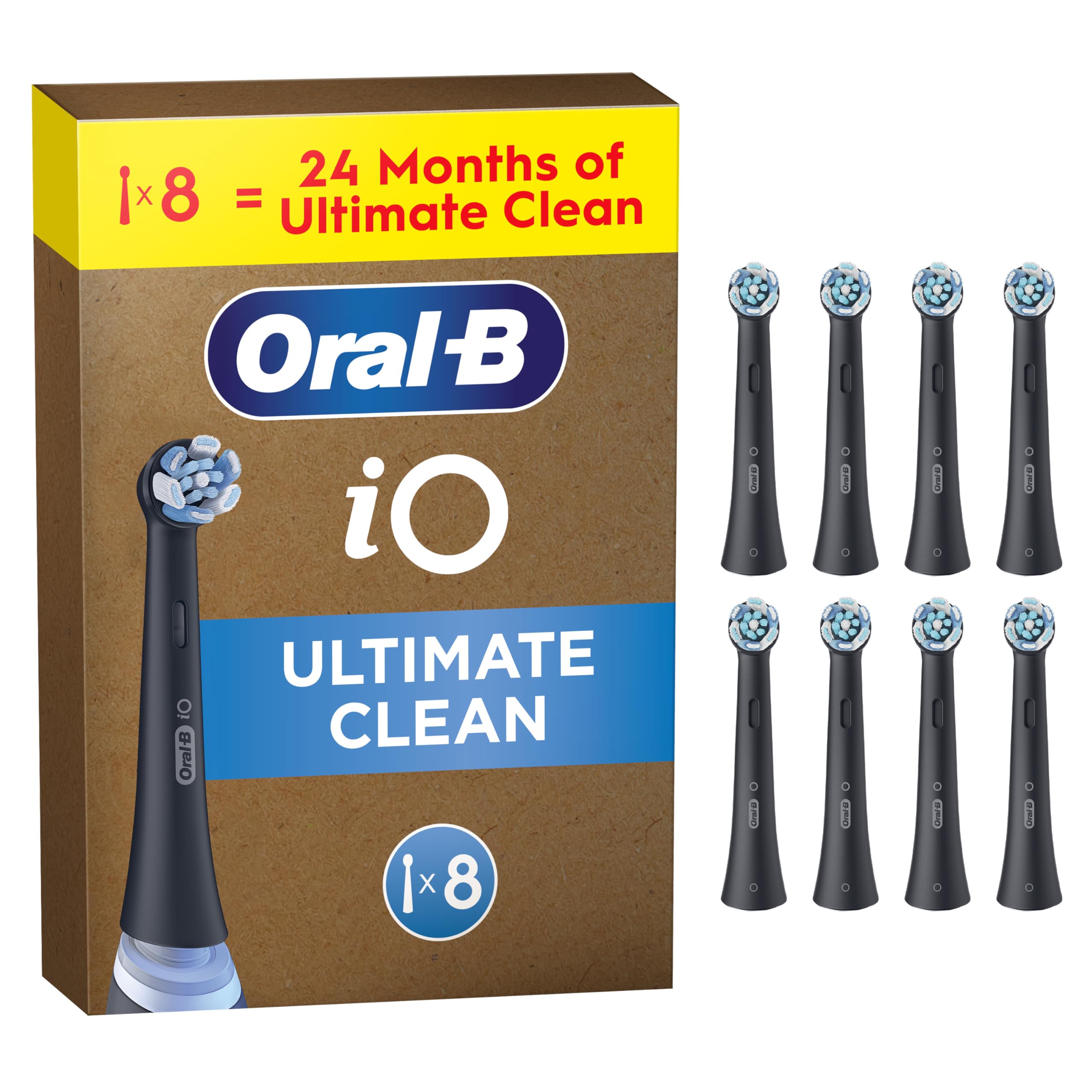 iO Ultimate Clean Original Electric Toothbrush Heads, Black, Pack of 8 Replacement Toothbrush Heads with Angled Bristles for Deep Plaque Removal, Packaging May Vary