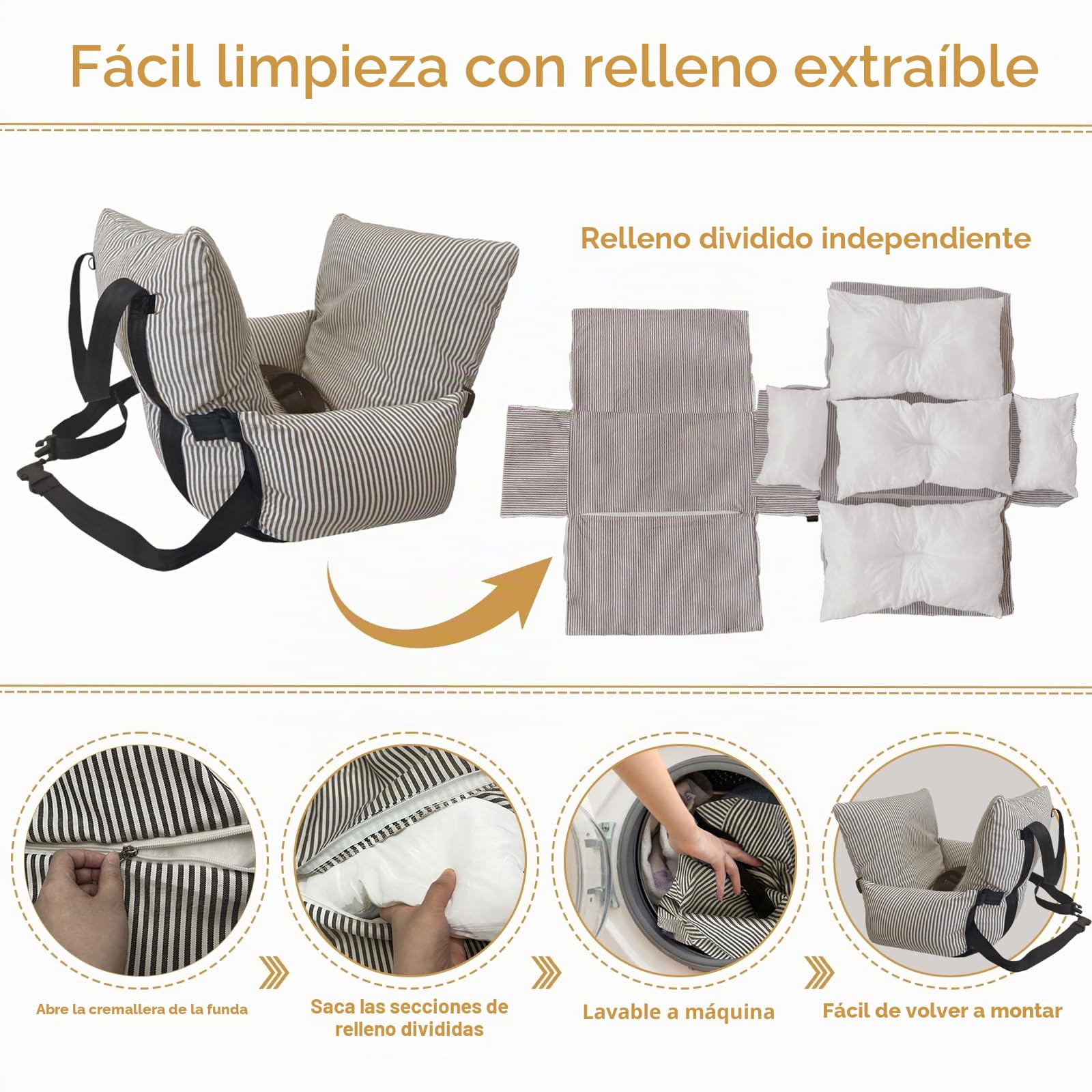 Asiento de coche para perros pequeños y medianos – Asiento elevado para mascotas con cinturón de seguridad, base antideslizante y bolsillos de almacenamiento para viajes en coche, 52 x 52 cm