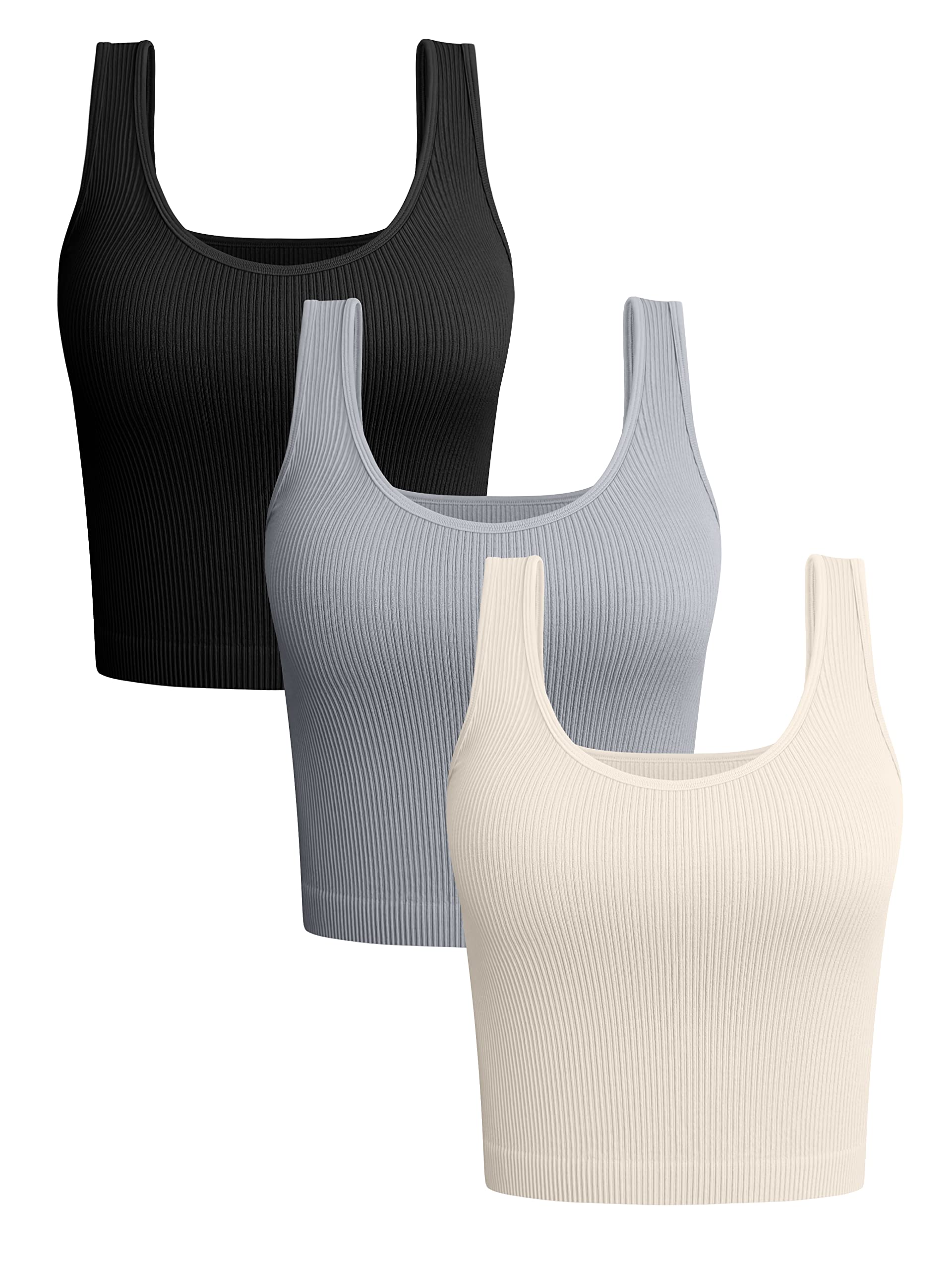 OQQWomen's 3 Piece Tank Tops Ribbed Seamless Workout Exercise Shirts Yoga Sleeveless Crop Tops