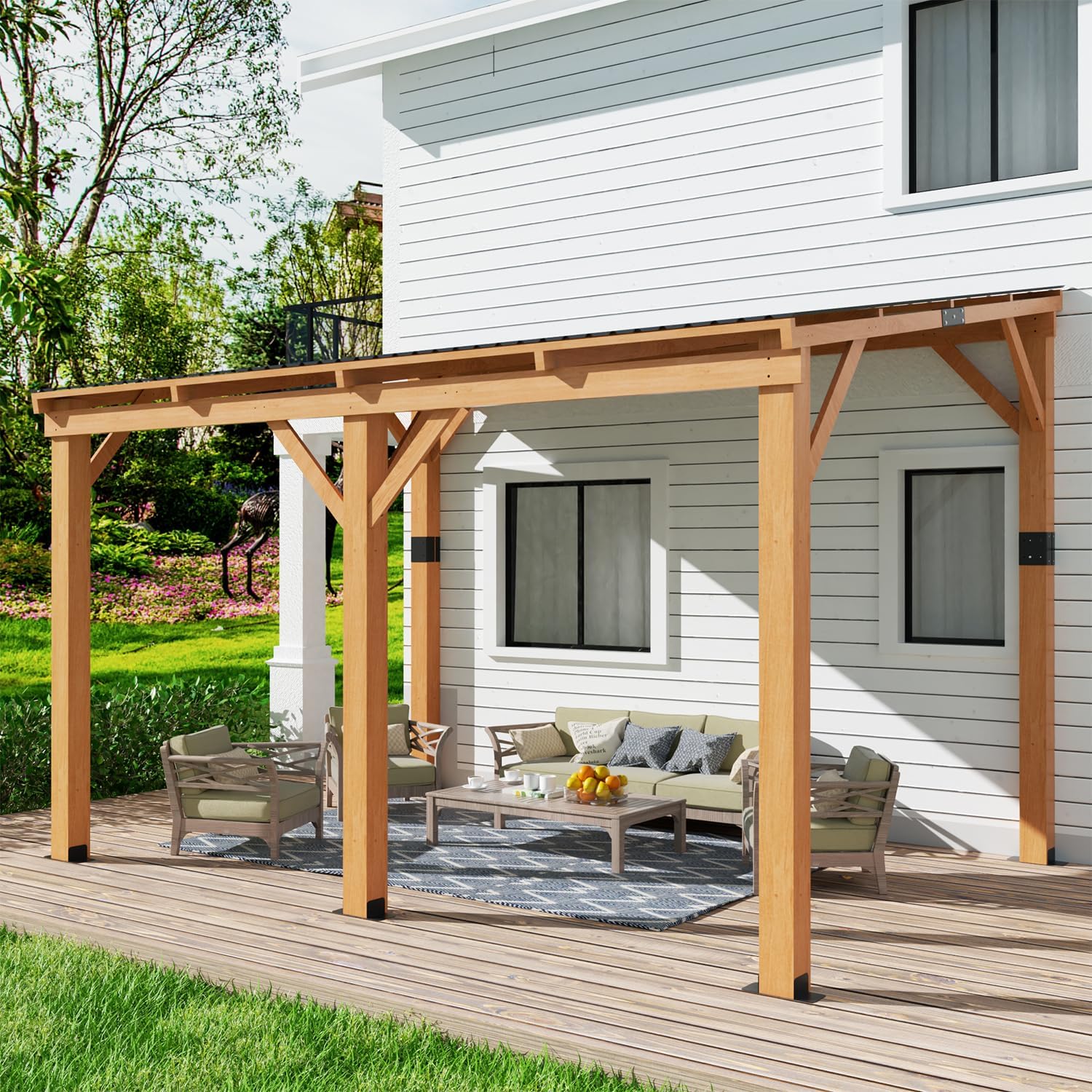 10'x14' Outdoor Wood Gazebo, Lean to Hardtop Pergolas and Gazebos Clearance, Wall Mounted Wooden Gazebo with Galvanized Steel Roof, Heavy Duty Awning for Patio, Deck, Backyard