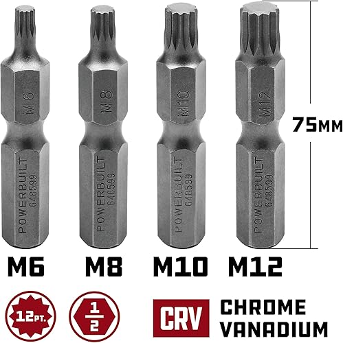 Miniatura 2 de Powerbuilt Juego de 4 puntas estriadas cuadradas triples XZN, M6 M8 M10 M12, unidad hexagonal de 1/2 pulgada, hecho en cromo - 648599