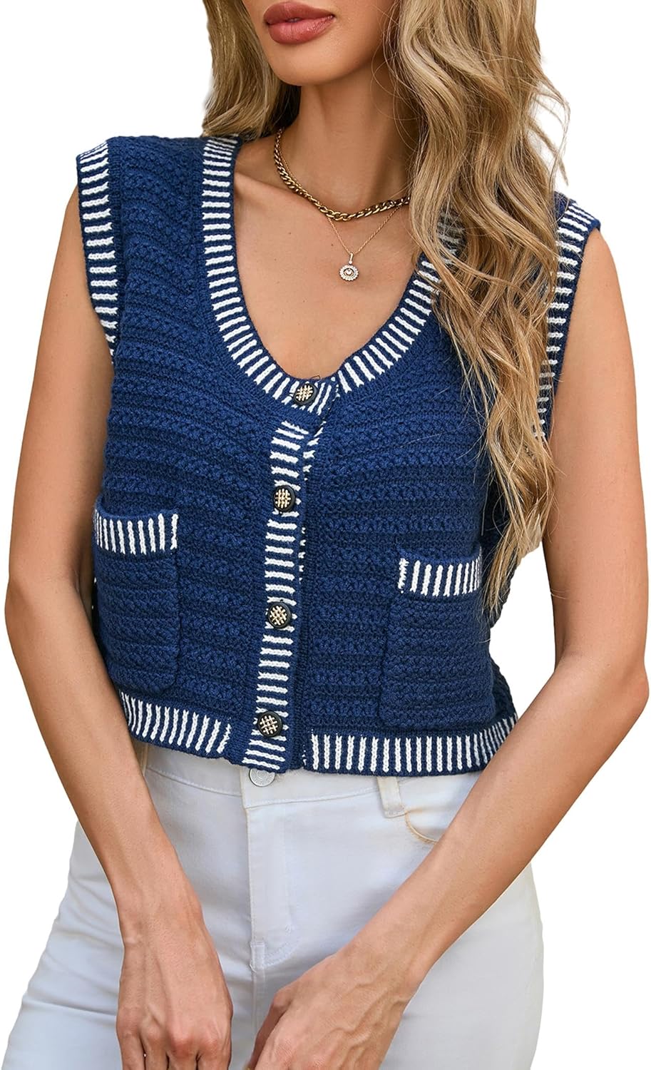 Women's Cute Striped Pocket Sleeveless Button Up Sweater Vest Cardigan 2025 Crewneck Crop Sweater Vest