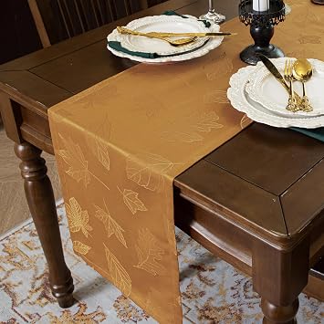 Joyfol Day Jacquard Autumns Maple Leaf Table Runner, Fall Countryside Amber Thanksgiving Table Runners, Waterproof Kitchen Dining Harvest Holiday Tabletop Decoration14x48 Inch