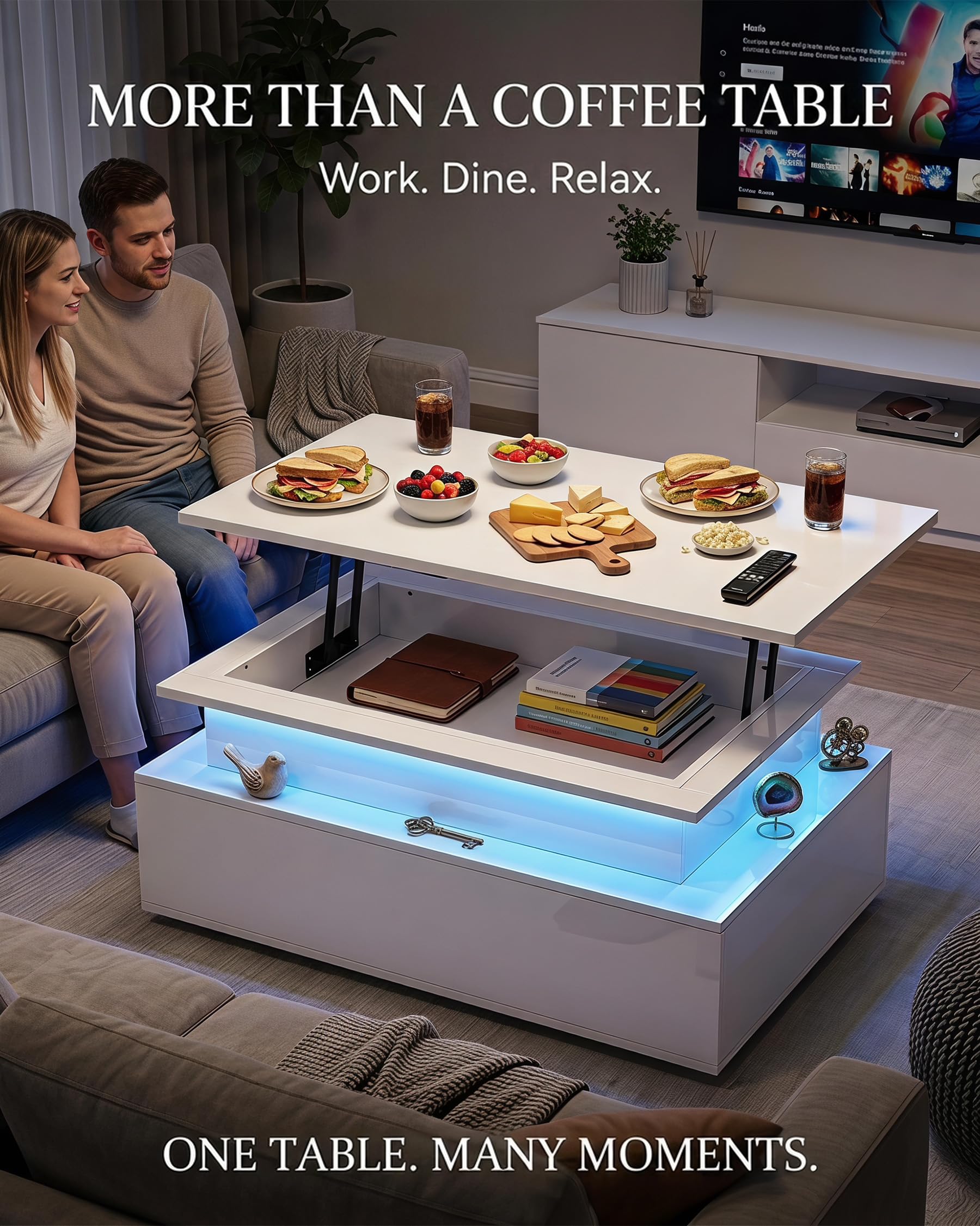 Tavolino da Salotto Rettangolare Moderno, Tavolo Salotto Salvaspazio, Tavolino Trasformabile con 2 cassetti e 1 spazio nascosto, Coffee Table con effetti di luce multicolore