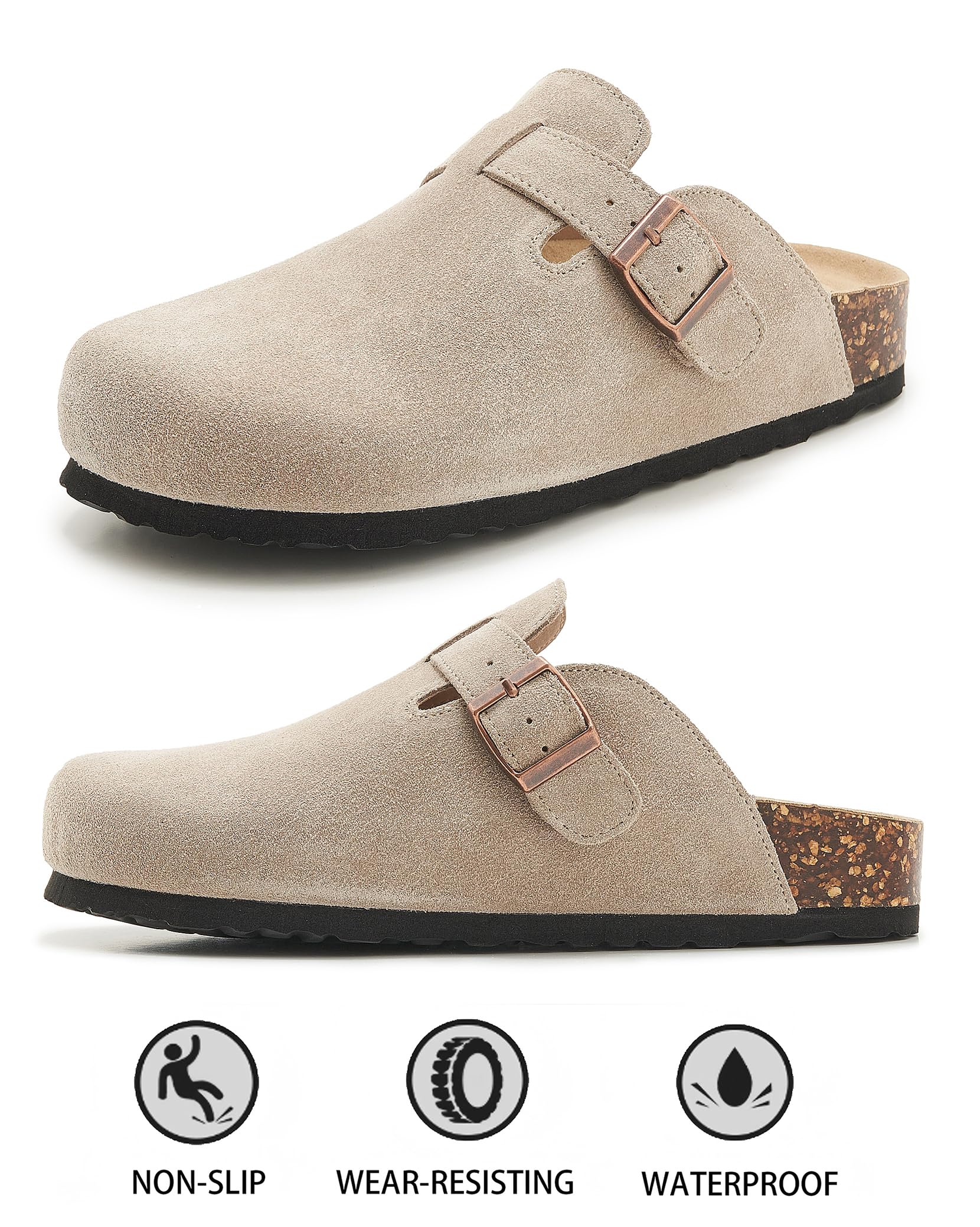 Meik Mangni Wildleder Clogs für Damen Herren Komfort Kartoffel Schuhe mit Arch Support Frauen aus Leder rutschfest Pantoletten mit Weiches Kork Fußbett,Gr.36-47 EU