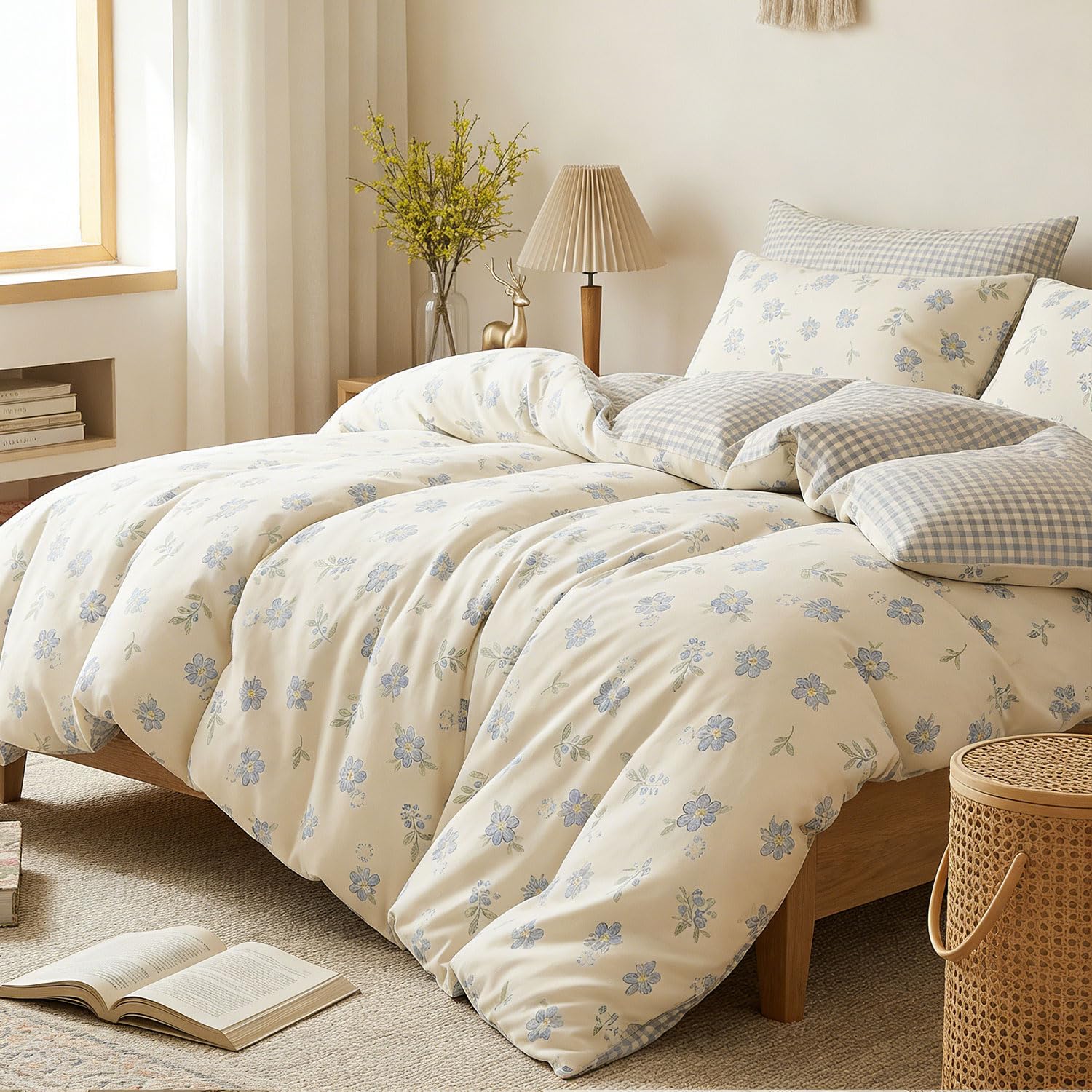 Sedefen Housse de Couette 240x260 Motif Feuilles + 2 Taies d'oreiller 65x65 cm,Vichy Bleu Beige Fleur Parure de lit Adulte 2 Personnes Linge de Lit en Microfibre avec Fermeture Éclair