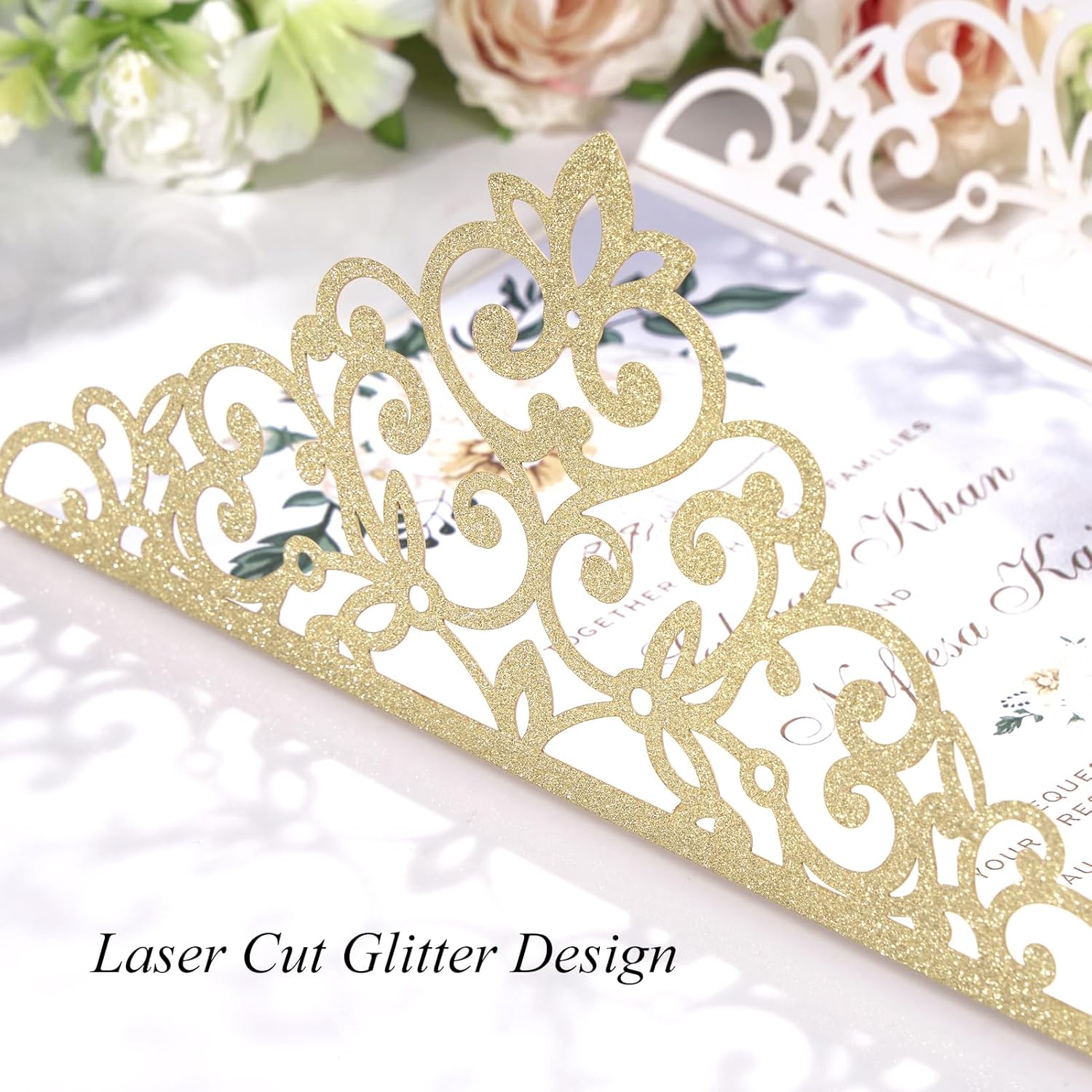 25pcs Wedding Invitation Kit, Gold Glitter Invitation Pocket with Ribbons Crown Blank Party Invitations Cards Personalized for Wedding Quince Baby Shower Anniversary