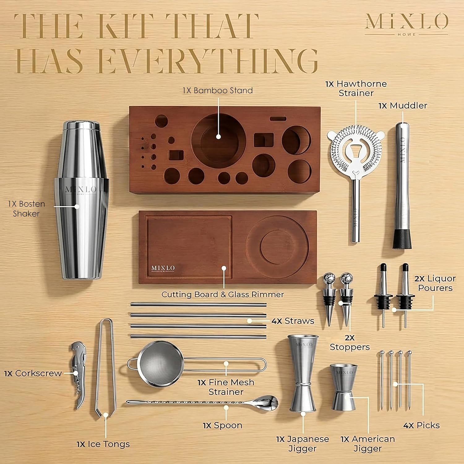 Mixology Bartender Kit - Premium 22 Brown Stand - Silver Tools with Boston Shaker