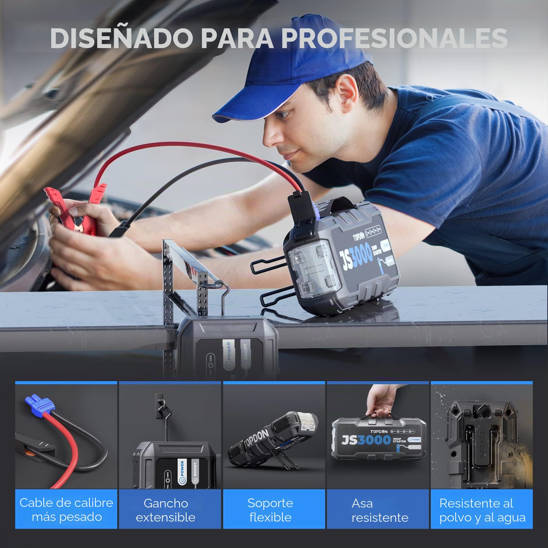 TOPDON Arrancador de Salto de batería de Coche, JS3000 3000A/24000mAh para Motores Diesel de hasta 9L de gas/7L, Cargador de batería de Coche portátil con Cable de Puente de Mango