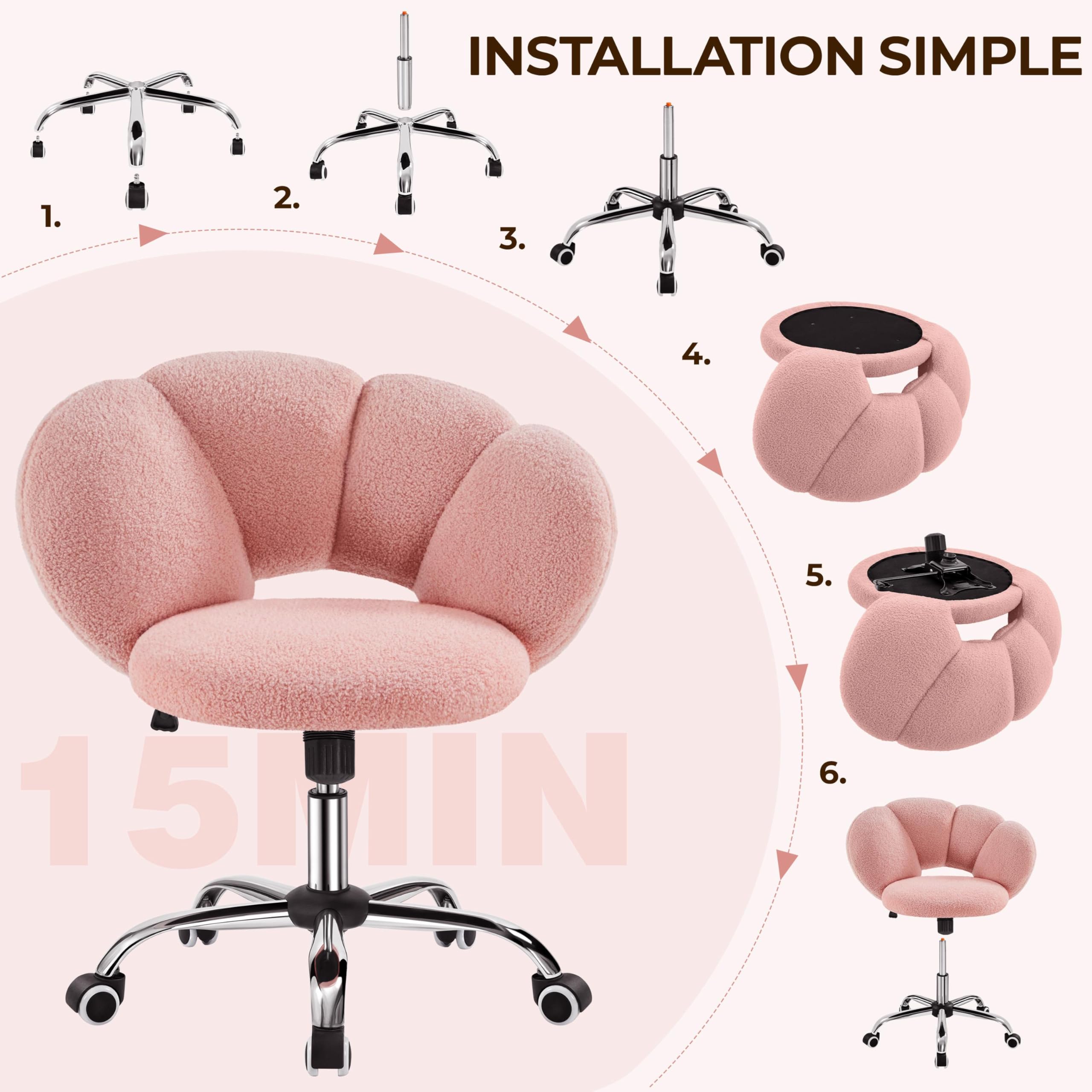 Yaheetech Poltrona da ufficio, sedia girevole ergonomica, schienale comfort in nuvola, regolabile in altezza, carico 136 kg, per soggiorno, camera da letto, ufficio, rosa/ricci