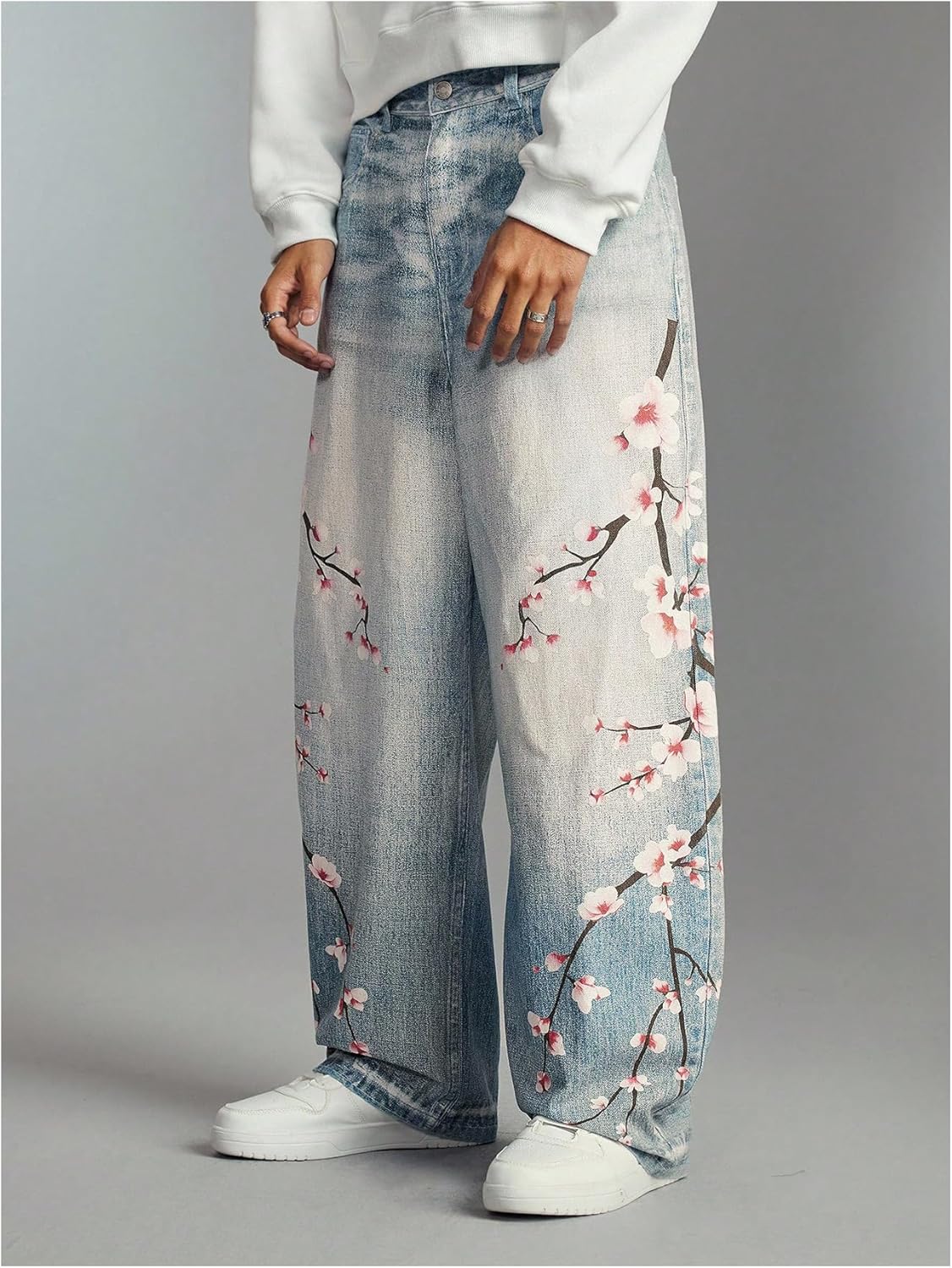 WDIRARA Men's Floral Baggy Jeans Wide Leg Denim Pants Hip Hop Streetwear - Image 2