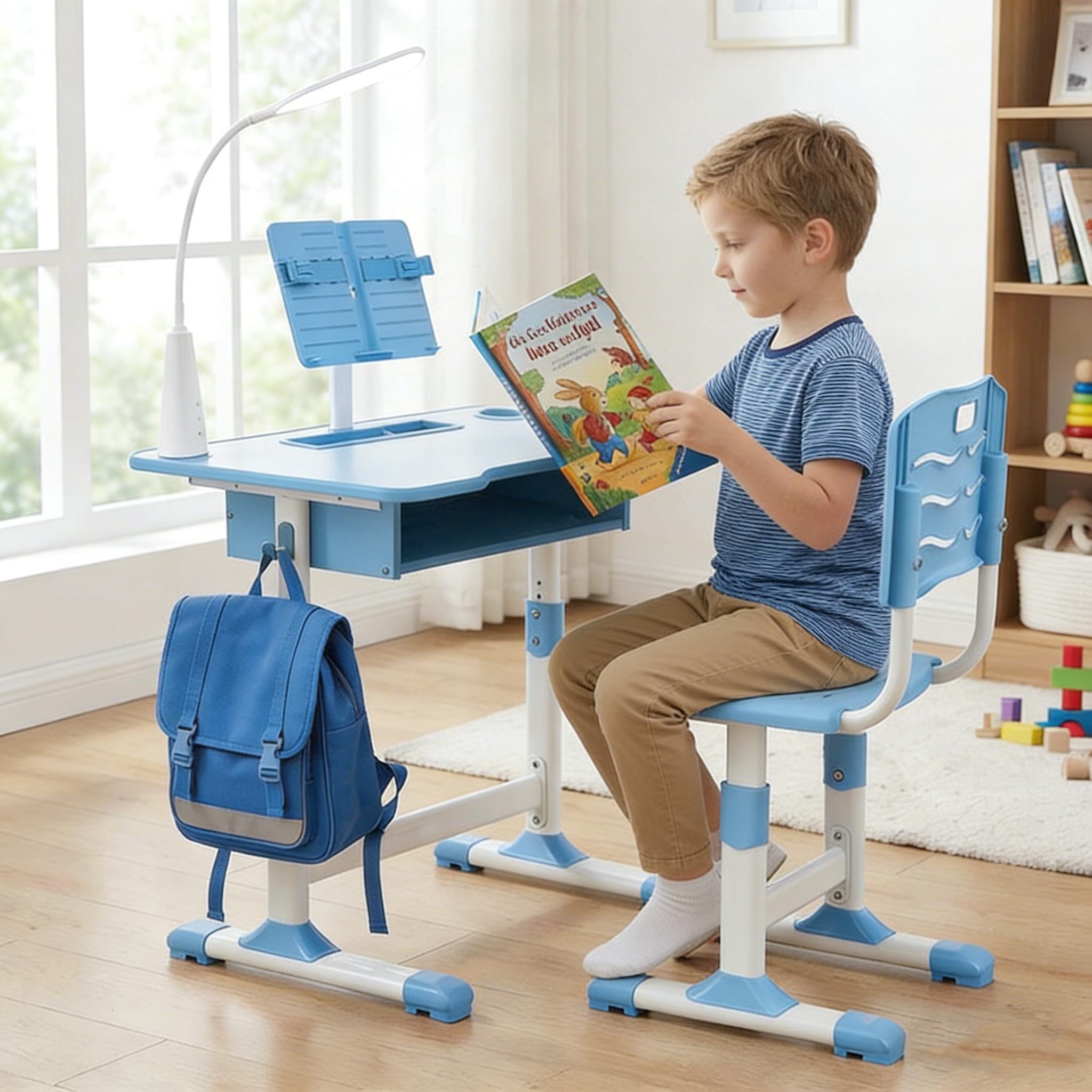 Mesa y Silla Infantil Regulables en Altura, Escritorio para Niños con Cajón, Portavasos,Lámpara LED y Estante para Libros,Silla Ergonómica con Respaldo Curvo, para Estudio y Tareas desde 6 años