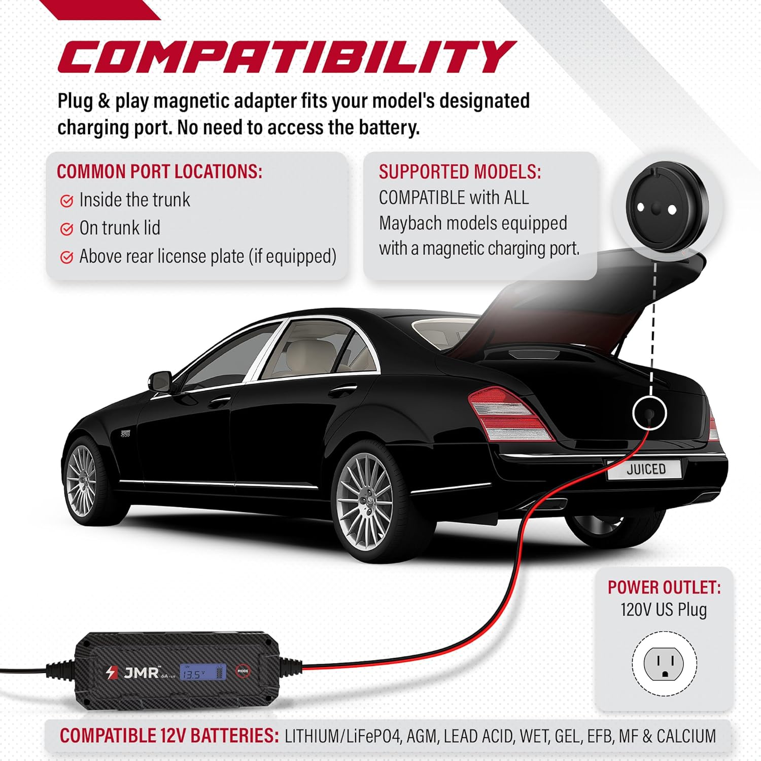 JMR Battery Charger for Maybach S G GLS 57 62 All Models Trickle Charger Conditioner Maintainer (Magnetic Port, Add Lithium Mode)