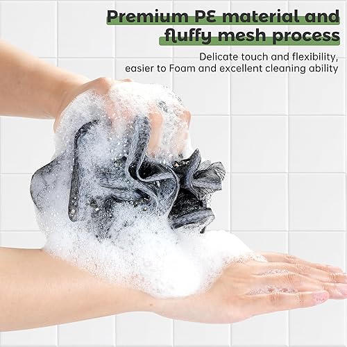 Miniatura 4 de Esponja de ducha con asa, paquete de 4 esponjas de malla suave de polietileno con mango de madera, esponja de lufa para baño en un palo con soporte