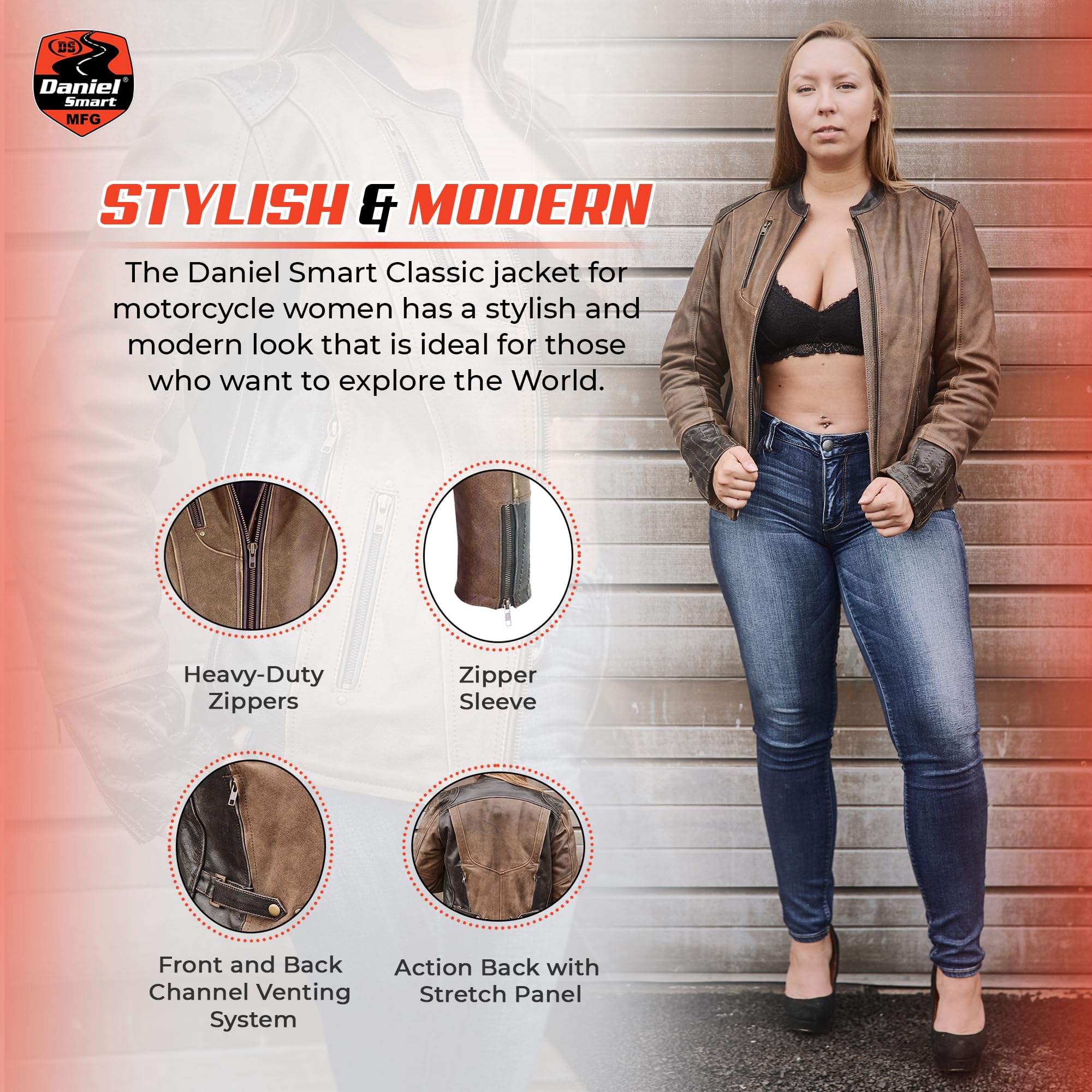 Daniel Smart Women Leather Jacket Cowhide Women Motorcycle Jacket with Vintage Brown Design inside Carry Pocket — view 4