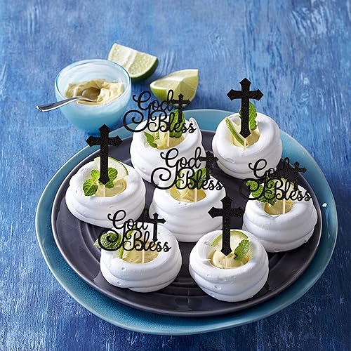 Miniatura 3 de Rsstarxi Paquete de 24 adornos para cupcakes de cruz que Dios bendiga y bautizo, para decoración de pasteles cristianos de primera comunión,
