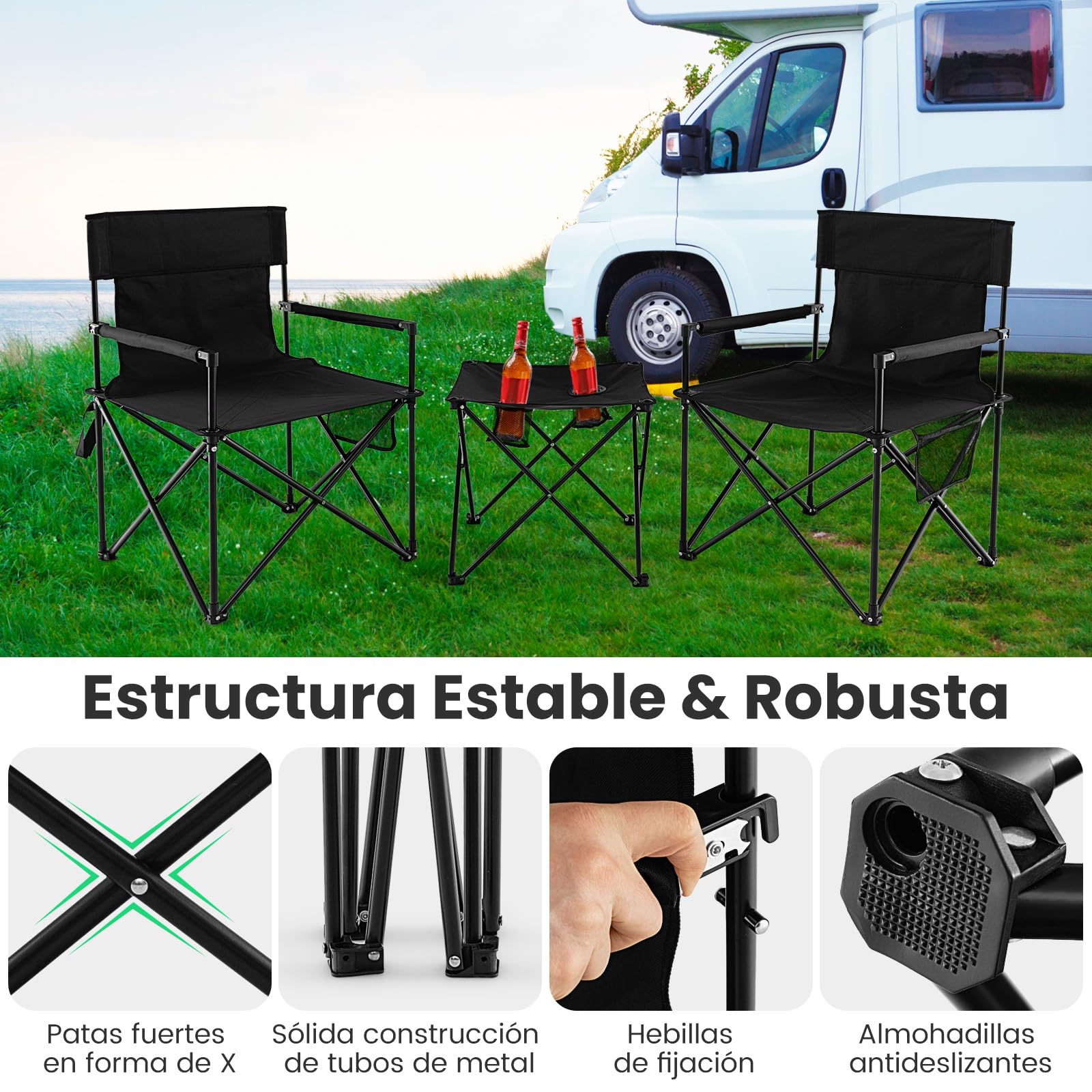 COSTWAY Juego de Sillas Camping Plegable y Mesa, 2 Sillas Camping Portátil y Mesa Auxiliar con 2 Portavasos, Bolsa de Transporte, Pesca, Picnic, Barbacoa, Negro