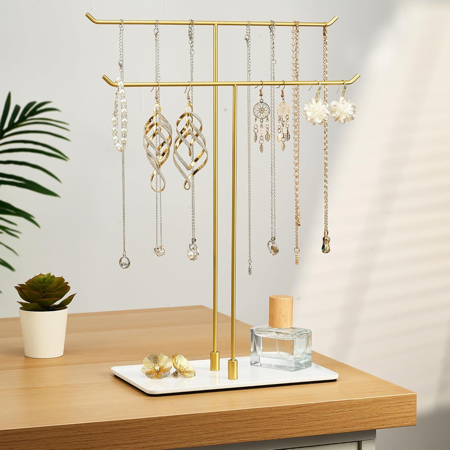 Jewelry Stand Necklace Holder Organizer: Necklace Organizer Stand for Girls, Jewelry Hanging Display Holder for Women, Bracelet Holding Rack As Gift, White and Gold - Image 4
