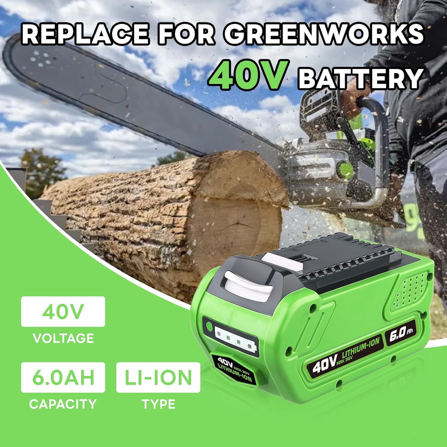 6.0Ah 29462 29472 Lithium 40V Battery Replacement Compatible with GREENWORKS 40Volt 40V 29472 29462 2901319 24282 24252 21332 25322 20672 20312 21362 26272 G-Max Cordless Power Tools