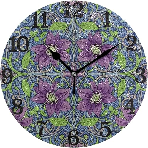 KLL Retro Clematis William Morris Pattern 10 Inch Round Home Wall Clock Silent Creative for Bathroom School Home reloj de pared para cocina